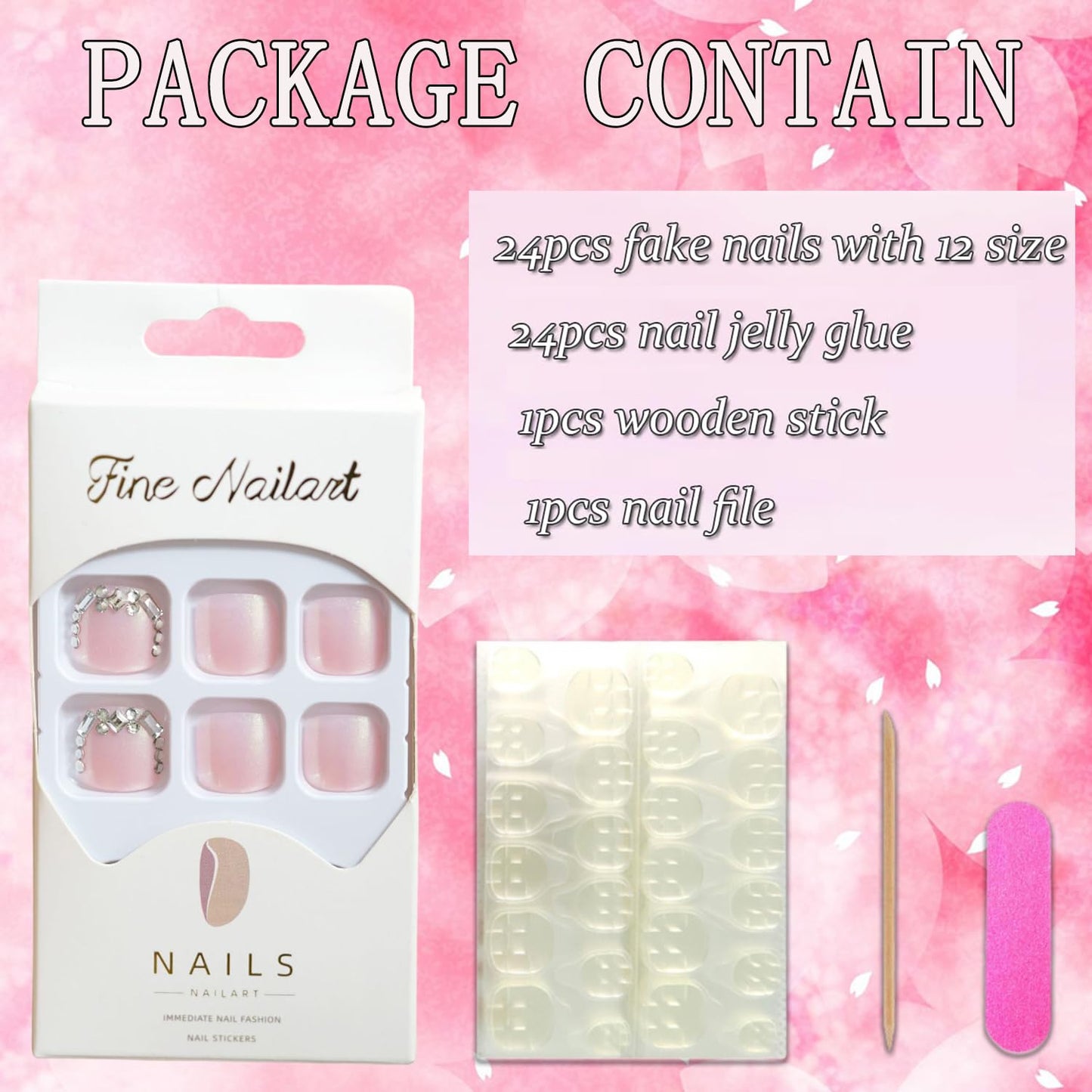 Vezocim Pink False Nails Sets, Press on Toenails Coffin with Rhinestone Designs, Full Cover Artificial Acrylic Fake Nails for Toe, Glue on Toenails with Charm, Stick on Toe Nails for Women