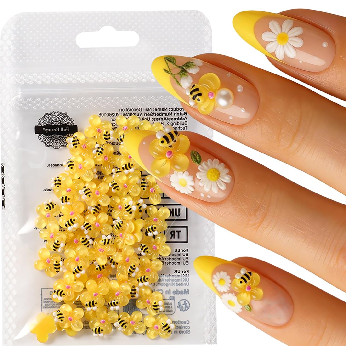 Flowers Bees Nails Art Decoration Spring Summer Acrylic Nails Supplies Holographic Relief Cute Cartoon Bee Flower Nail Ornaments Acrylic Jewelry Studs Nail Art Flakes for Women Manicure Decor