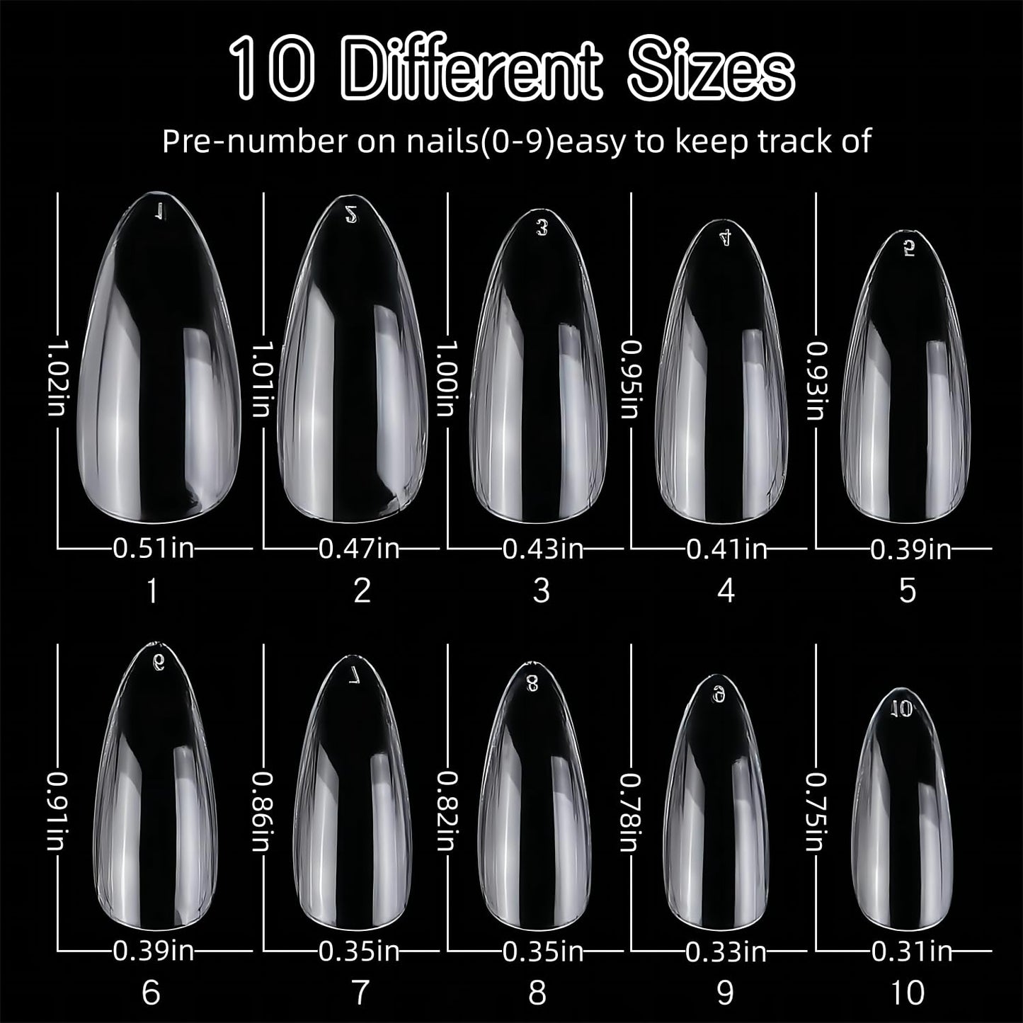 1000Pcs Short Full Cover Almond & Square Nail Tips Gel x Clear Set,10 Size Clear Press On False Nail Tips for Manicure Art Home DIY Salon