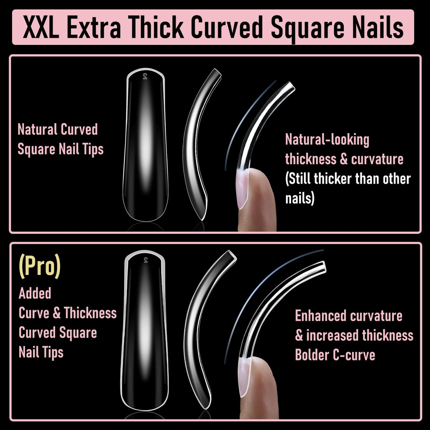 Wellquinn Curved Nail Tips Square Press on Full Cover Thicker Extra Curve Gel x Thick Long Acrylic Fake Nails, Clear Hard Gel French XXL False Nails for Nail Extension 12 Sizes 240 Pcs Q54 Pro