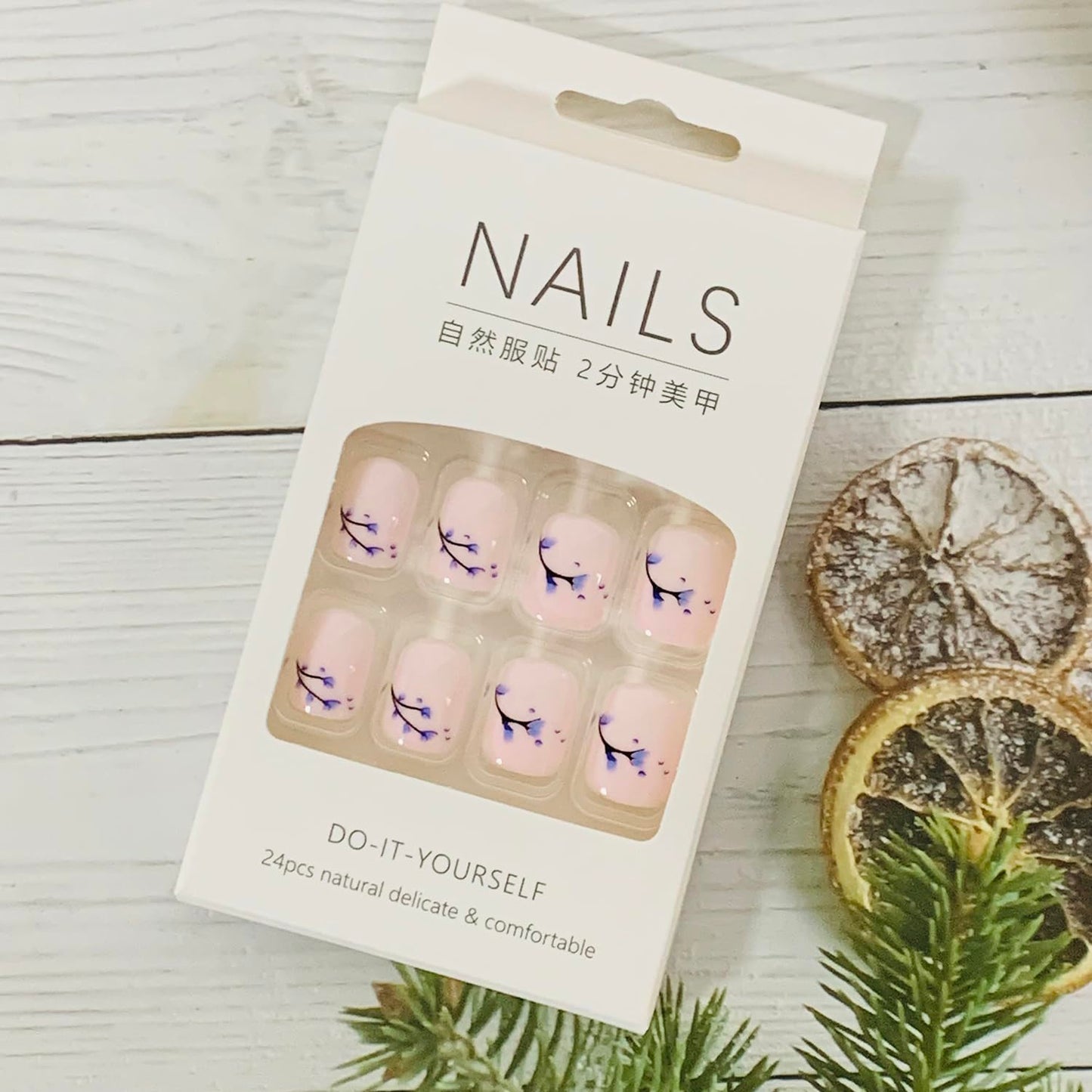 Vezocim Flower Press on Nails Square Shapes, 24Pcs Nude Short Artificial Fake Nails with Blue Floral Bud Designs, Full Cover Glossy Coffin Acrylic False Nails, Stick on Fingernails for Women(W1048)