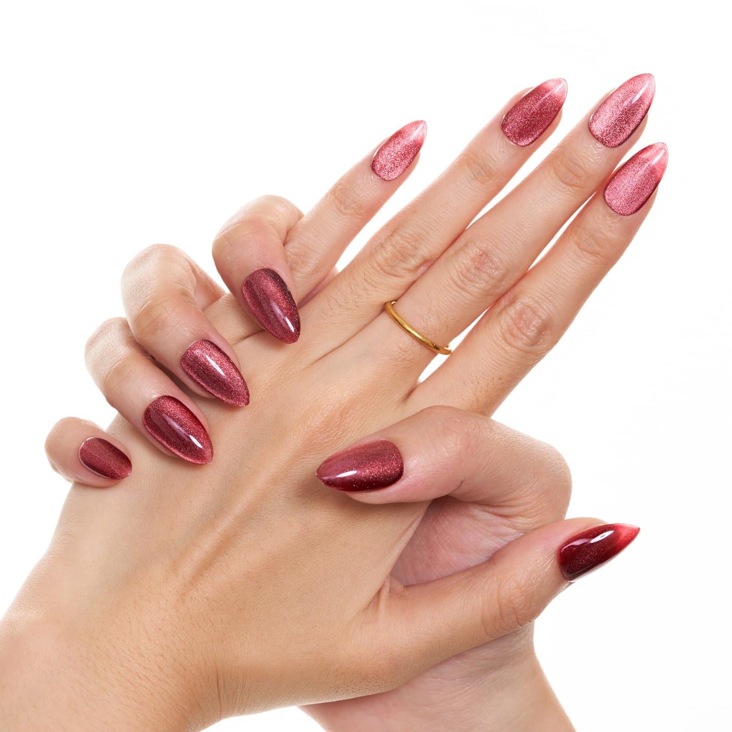 GLAMERMAID Magnet Cat Eyes Dark Red Press on Nails Short Almond, Handmade Jelly Gel Fake Nail Set, Ombre Glitter Magnetic Glue on Nail Stiletto, Scarlet Medium Oval Stick on False Nail Set for Women