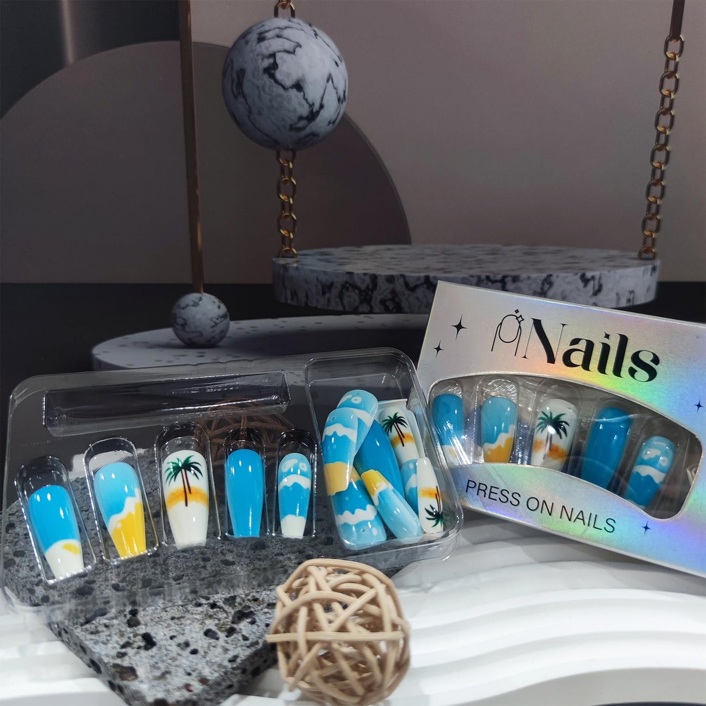 24Pcs Summer Sea Press on Nails Beach Acrylic Medium Coffin Fake Nail Coconut Palm Gel Glue on Nail Glossy White French Tips False Nails Curve Stick on Fingernails for Coquette Women Girls