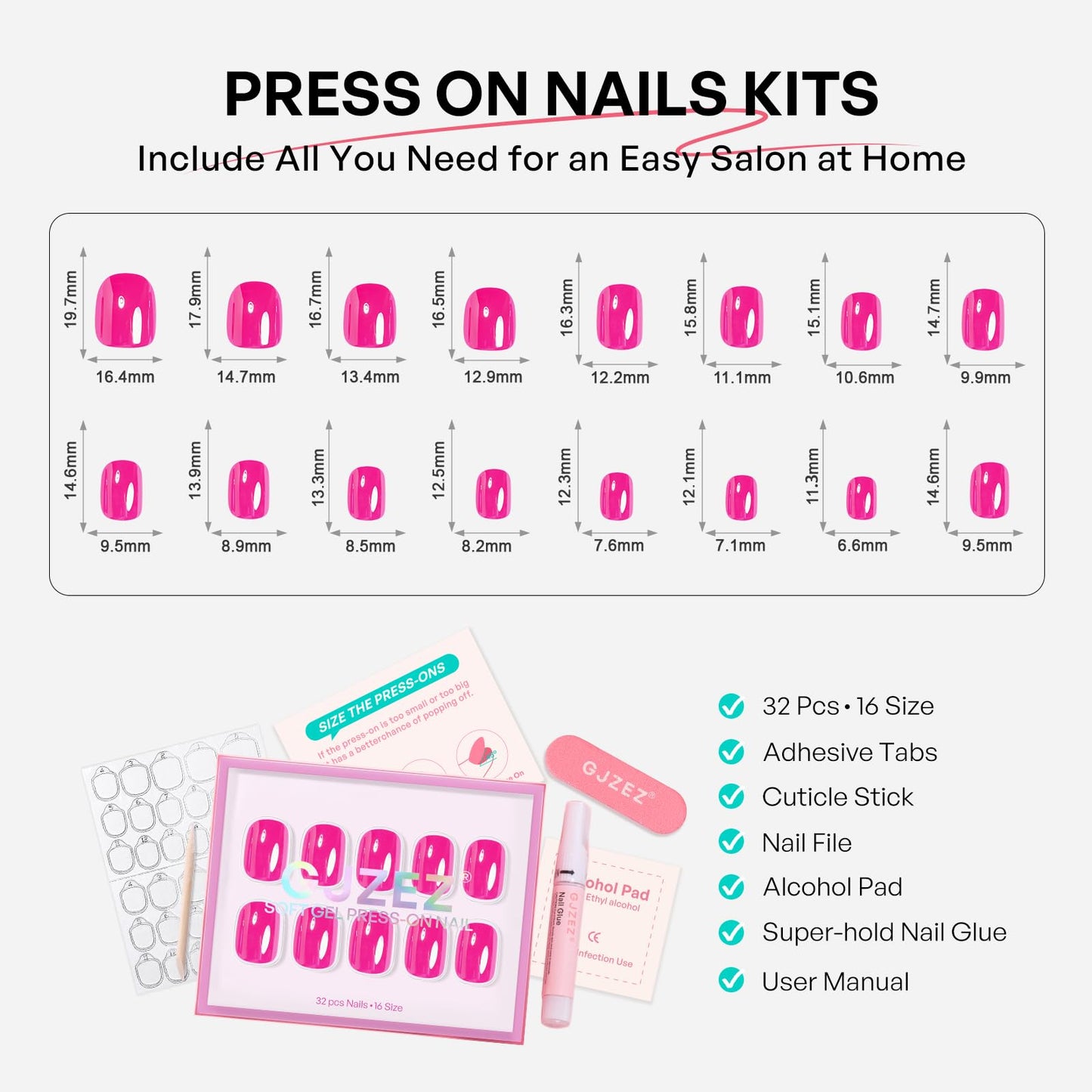 Hot Pink Chrome Press On Nails Extra Short - GJZEZ Soft Gel Shimmer Glazed Donut Square Fake Nail Press Ons, Holographic Pearlescent Iridescent Reusable Glue On Nails in 16 Sizes & 32Pcs, Candy Pink