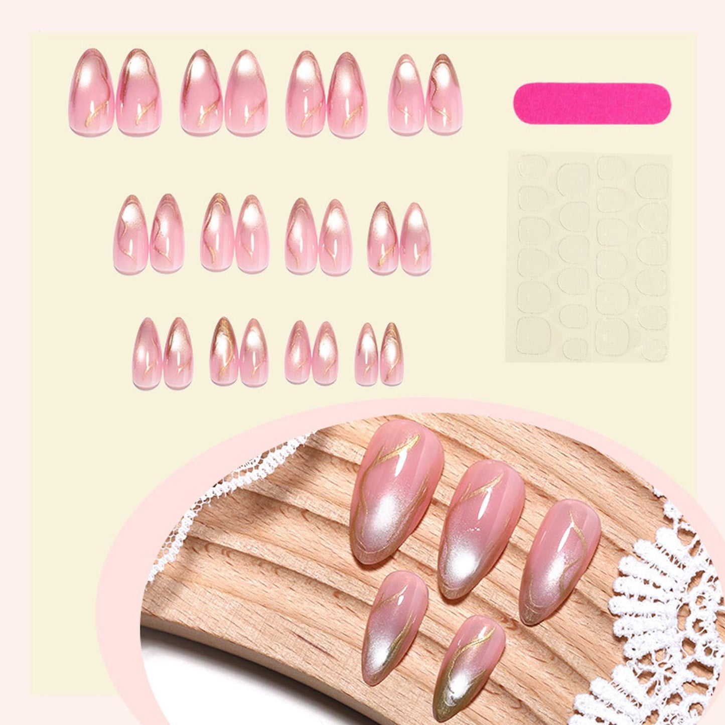 24Pcs Medium Almond Press on Nails - 3D Gold Irregular Line Design Fake Nails Gilded Line French False Nails Chrome Gold Stick on Nails Glitter Full Cover Pink Glossy Artificial Acrylic Nail for Women