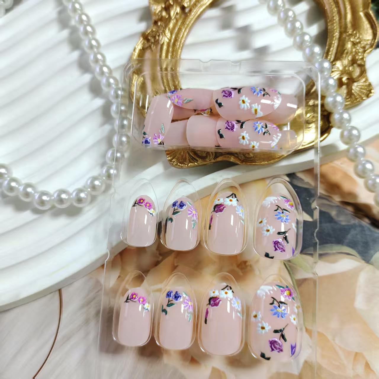 Flower Press on Nails Short Almond Spring Fake Nails with Embossed Flowers Designs Summer False Nails Gel Artificial Fingernail Cute Acrylic Nail Natural Full Cover Stick on Nails for Women 24Pcs