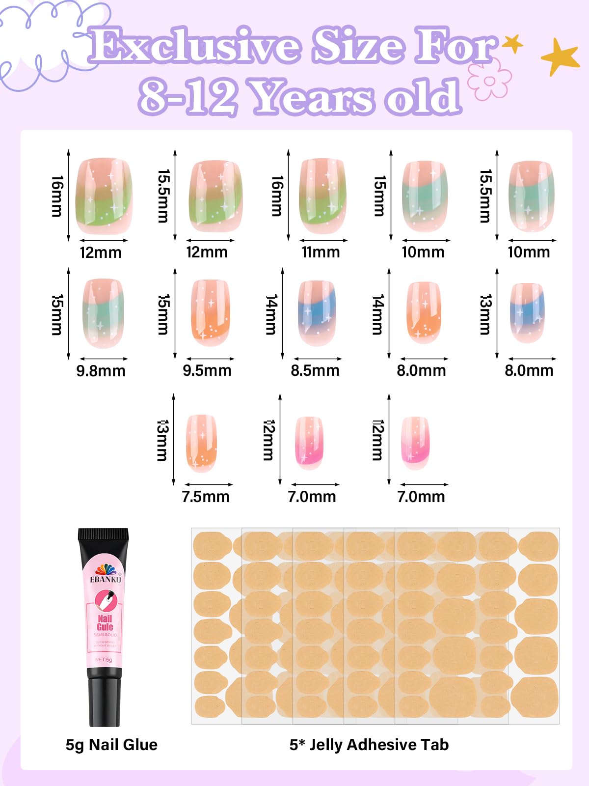 EBANKU 130 Pcs Press on Nail Kids, 5 Pack French Flower Kid Flase Nails Kit with Nail Glue Set Fake Nail for Girls 5-10 Years Christmas Gift Set