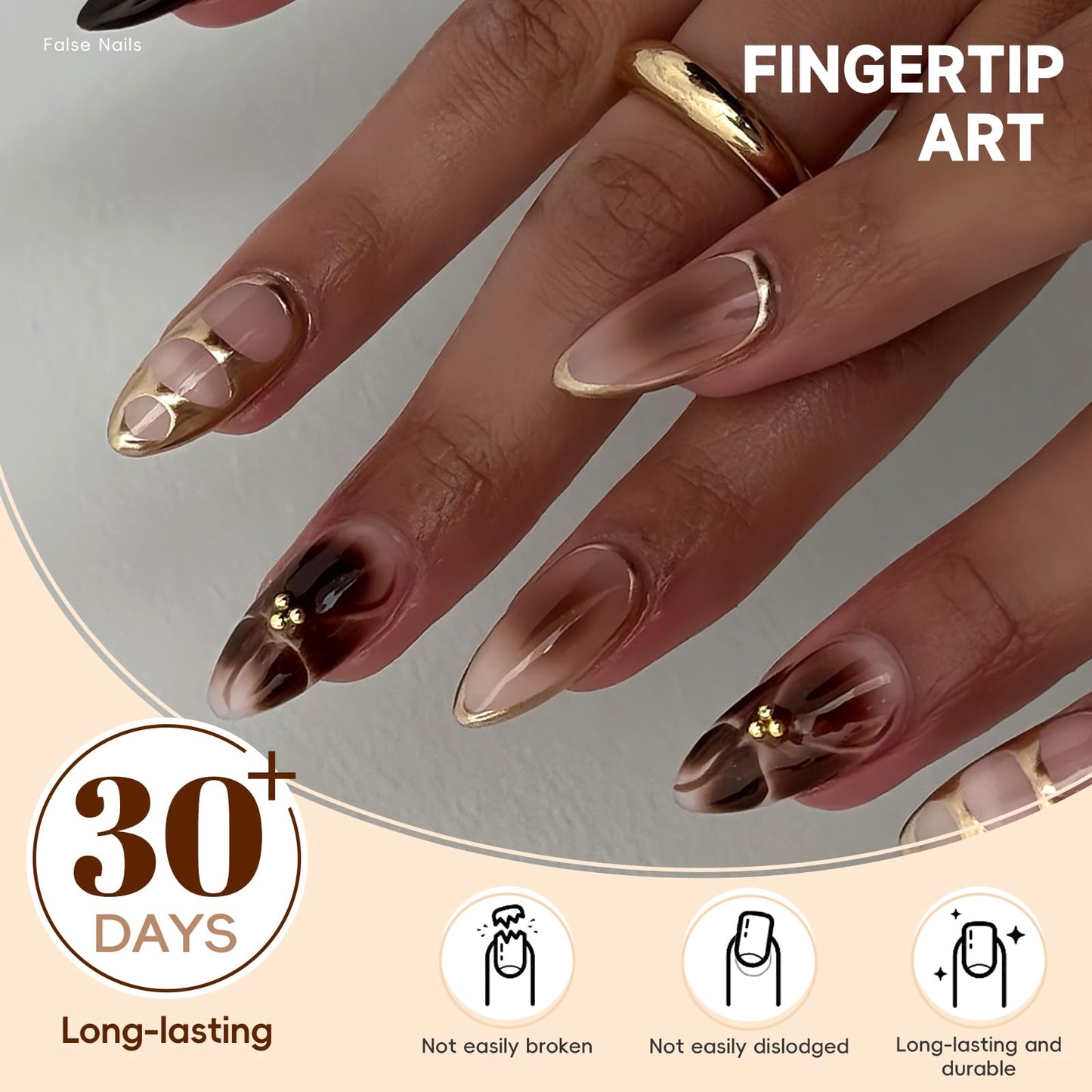 HOSAILY Brown Flower Ombre Press on Nails Medium Almond, Mirror Metallic Gold Floral Gradient Semi-Handmade Full Cover Stick on Nails for Women, 24Pcs Glossy Summer Fall Fake False Nail with Glue