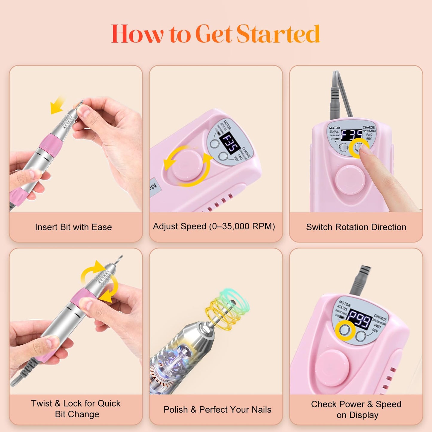 COYZU Electric Nail Drill Professional, 35000RPM Nail File Machine with Bits Set & Fast Cooling, Portable for Acrylic Gel Nail Polishing Removing, Manicure Pedicure at Salon & Home Use, Gift for Women