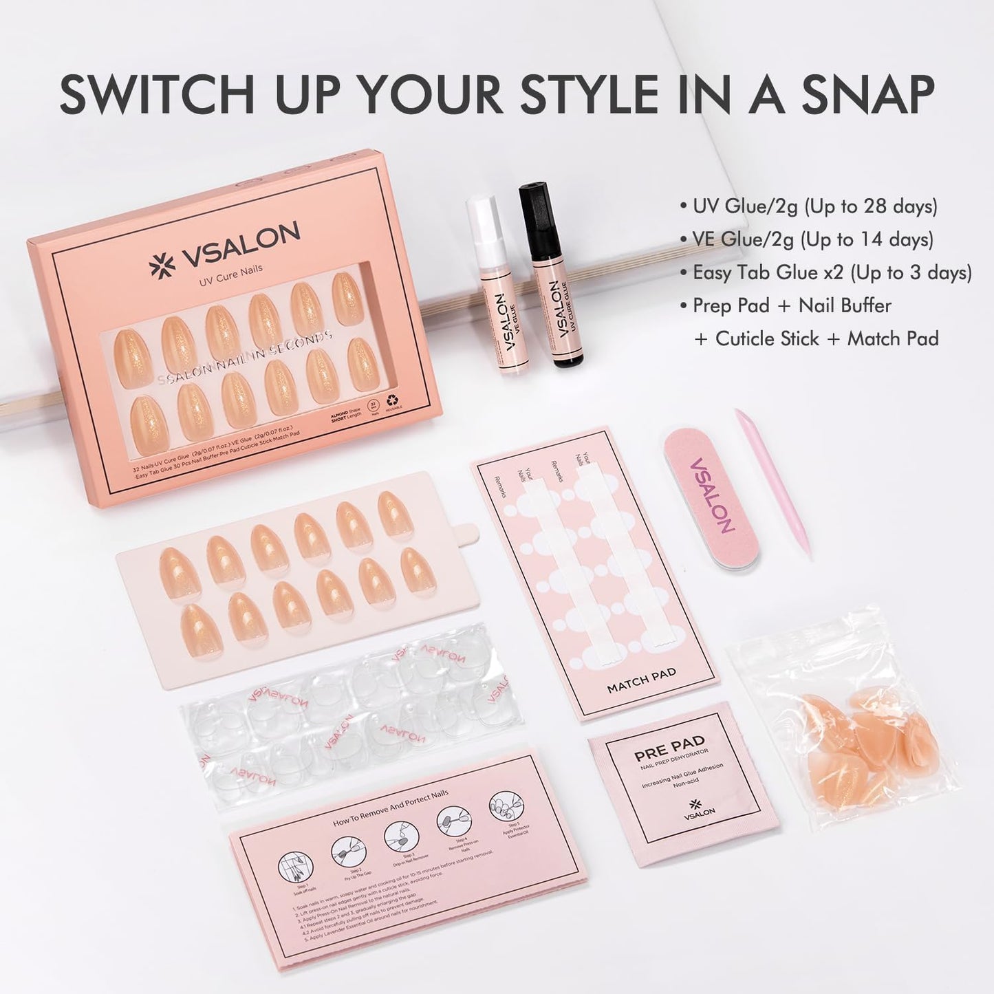 VSALON Almond Short Press On Nails, Summer Apricot Gold Glitter Shimmer Light Curable False Nails, Reusable Salon Quality Fake Nails Kit, 32 pcs Stick on Nails in 16 Sizes with Glues & Adhesive Tabs