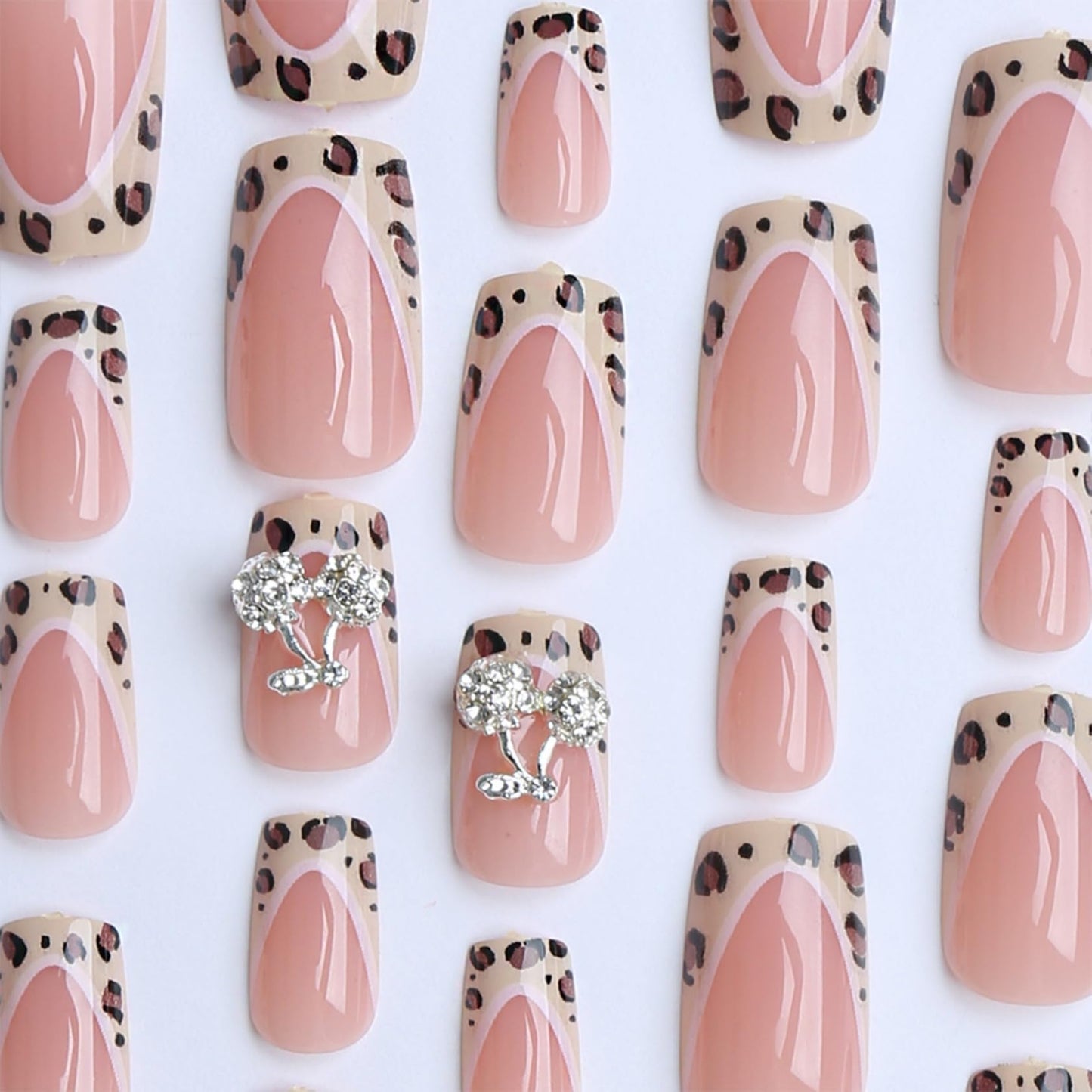 Short Square Press on Nails Fake Nails Artificial Nail Stick on Nail for Women, Cherry Print Design with Leopard French Tip and Glitter Accents