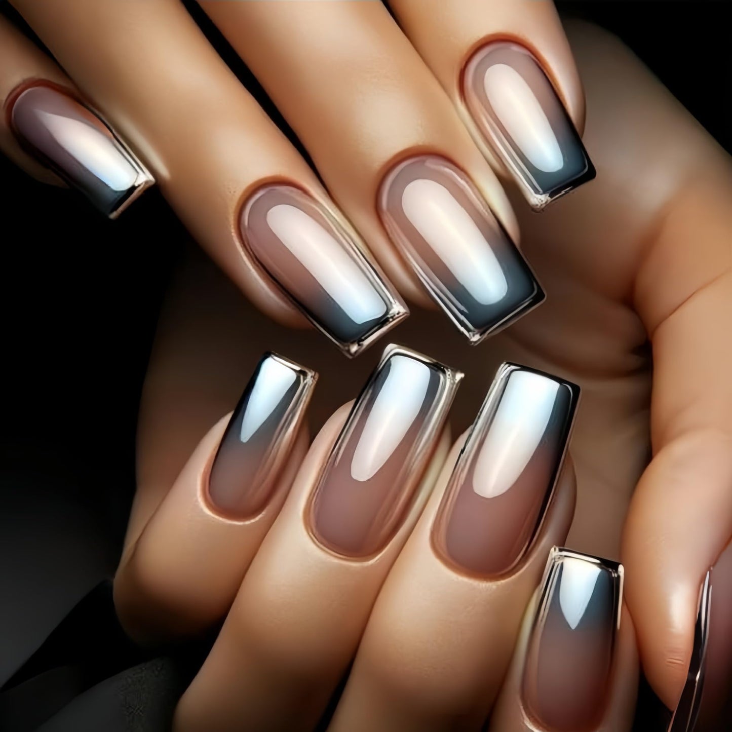 Chrome Press on Nails Medium Square Fake Nails Silver Gradient French Tip Nails Glossy Shiny Full Cover Glue on Nail Laser Acrylic Stick on Nail Reusable False Nail for Women 24Pcs