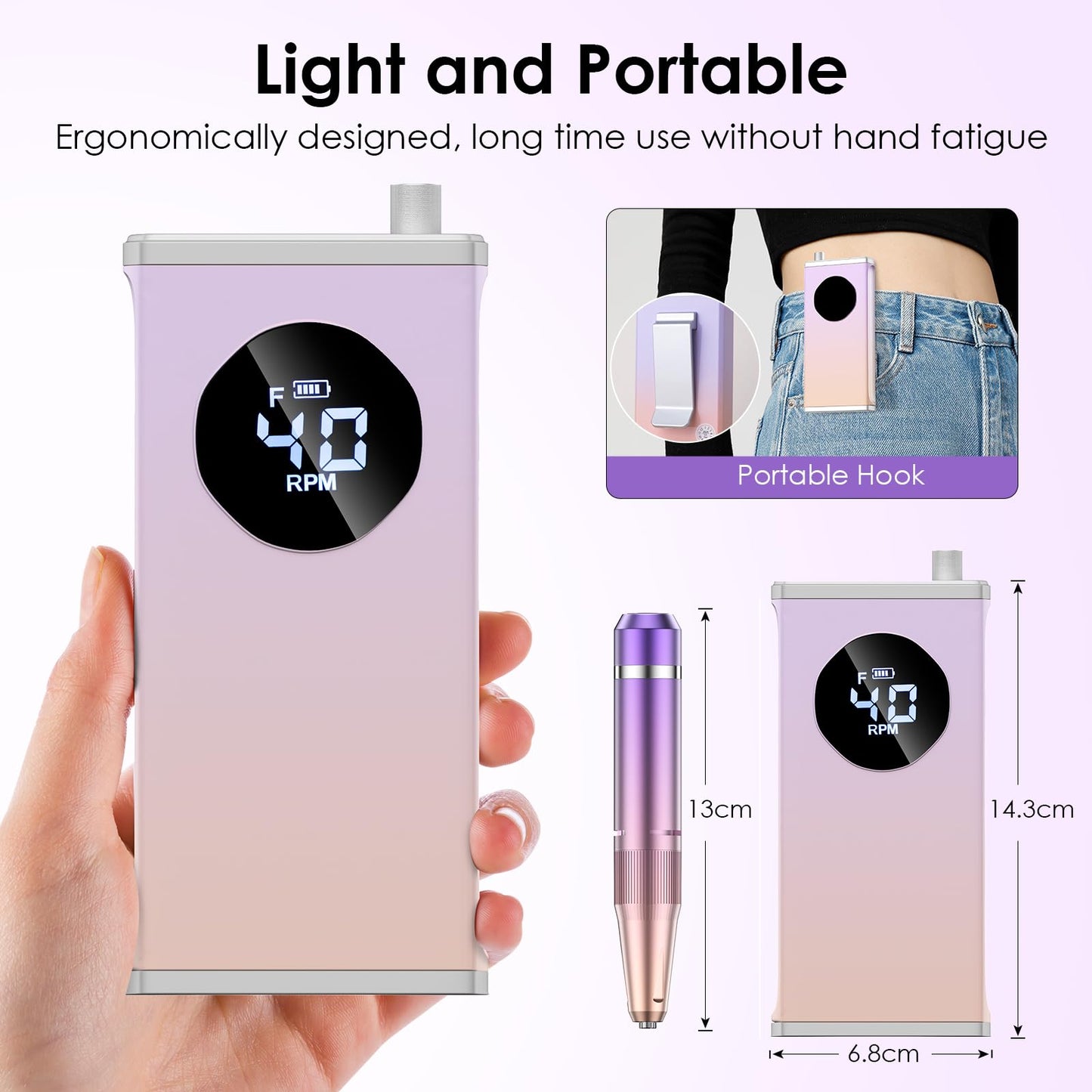 HOMEASY Electric Nail Drill, 40000RPM Professional E-Filer Rechargeable with 15 Drill Bits, Portable Nail File Electric Nail Filer for Acrylic Nails Gel Polishing Removing for Salon Home (Purple)