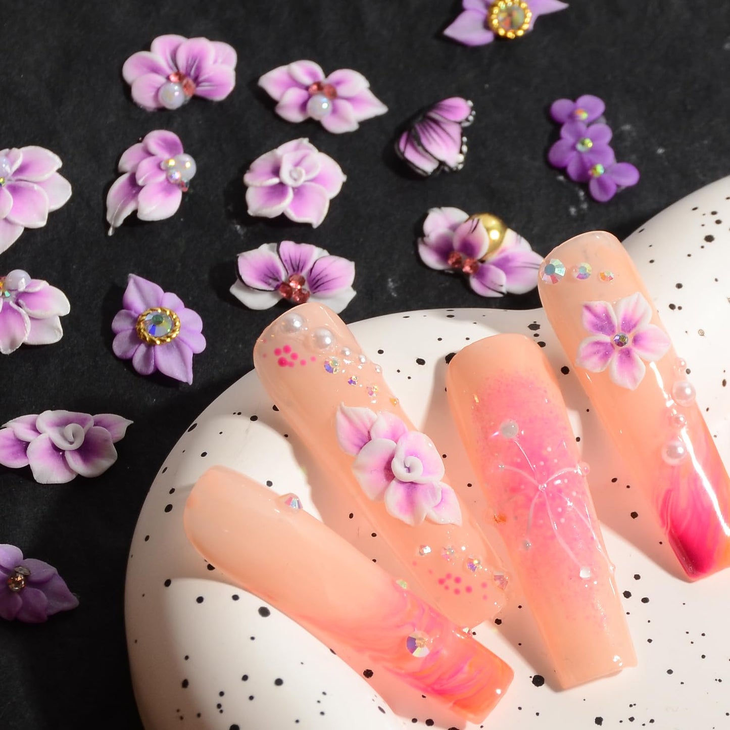 30PCS 3D Handmade Flower Nail Art Charms Advanced Handcrafted Cherry Blossom Flower Colorful Sculpted Floral Nails with Rhinestone Caviar Beads Design for Women Profession Nail Art Craft Jewelry