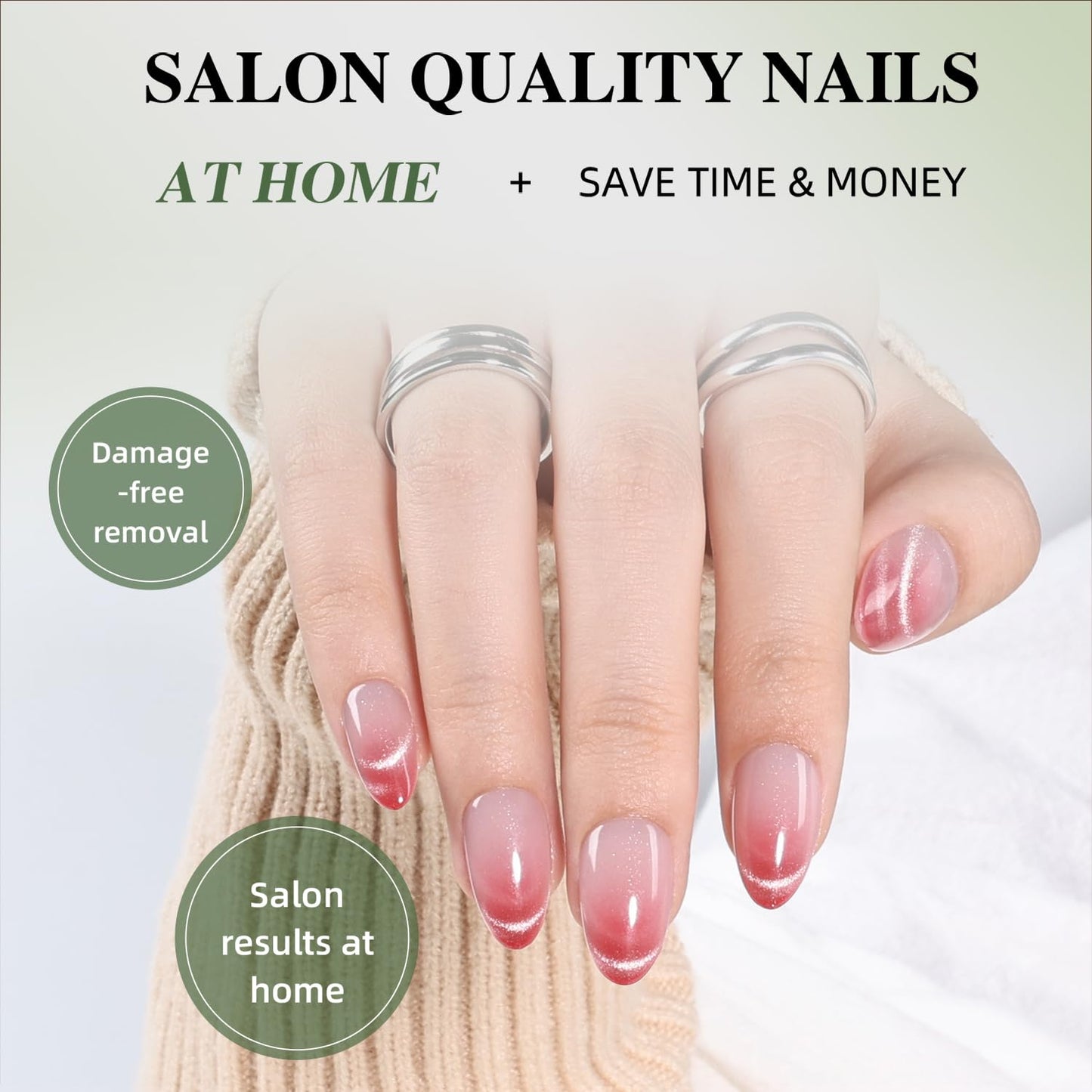 Ombre Red Cat Eye French Tip Press On Nails Almond - Pink Short Almond Fake Nails, Ombre Cateye Press On Nails Reusable Stick On Nails in 16 Sizes, 32pcs False Nail Kit for Women & Girls(Rosé)