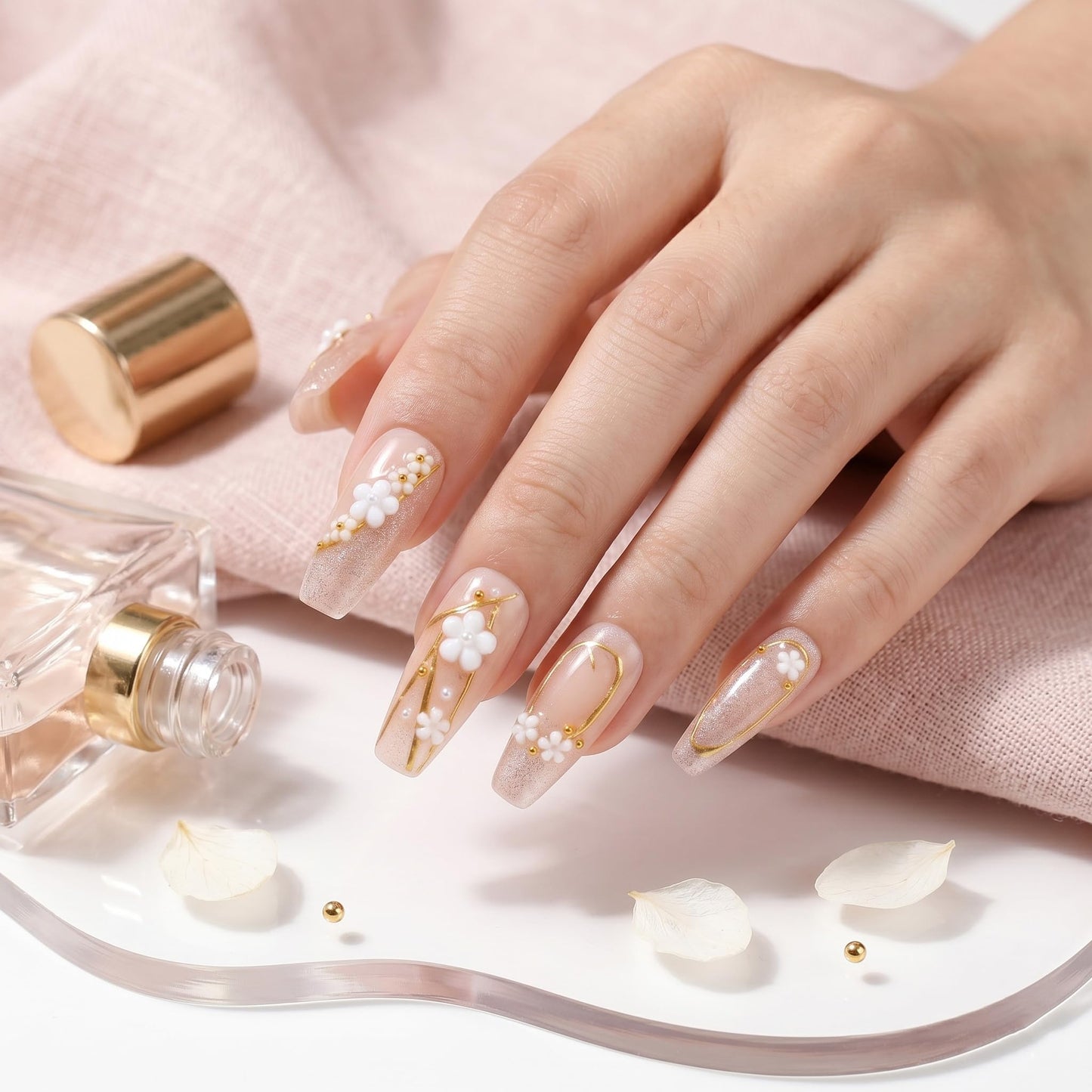 Sun&Beam Nails Handmade Press On Nails Medium Almond Light Pink Pearl Shell Glossy 10 Pieces Reusable for Everyday Wear and Special Occasions (#010 M)
