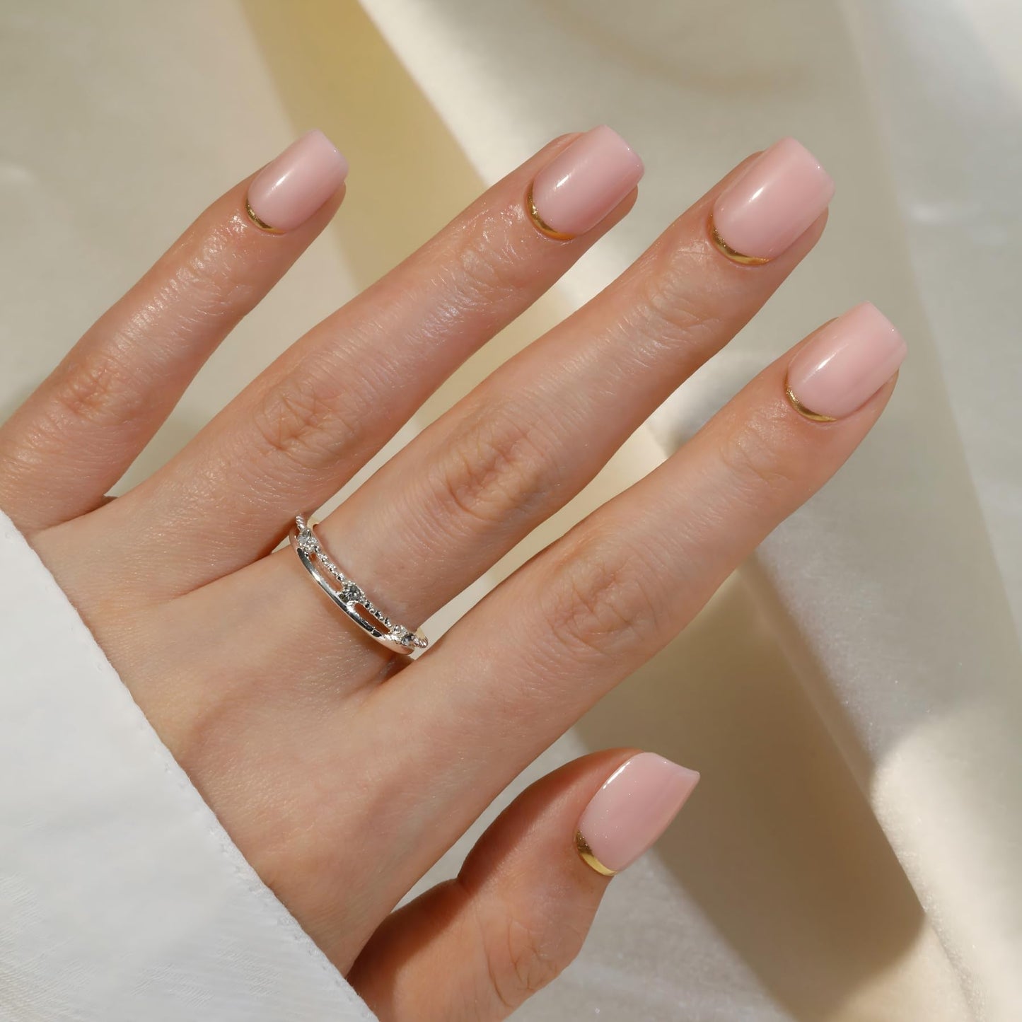 Lahuya Press On Nails - Golden Standard | Nail Artist Designed Short Squoval Milky Pink Fake Nails with Minimalist Gold French Edge, Glossy Finish, Salon Quality | 15 Sizes - 30 Nail Kit with Glue
