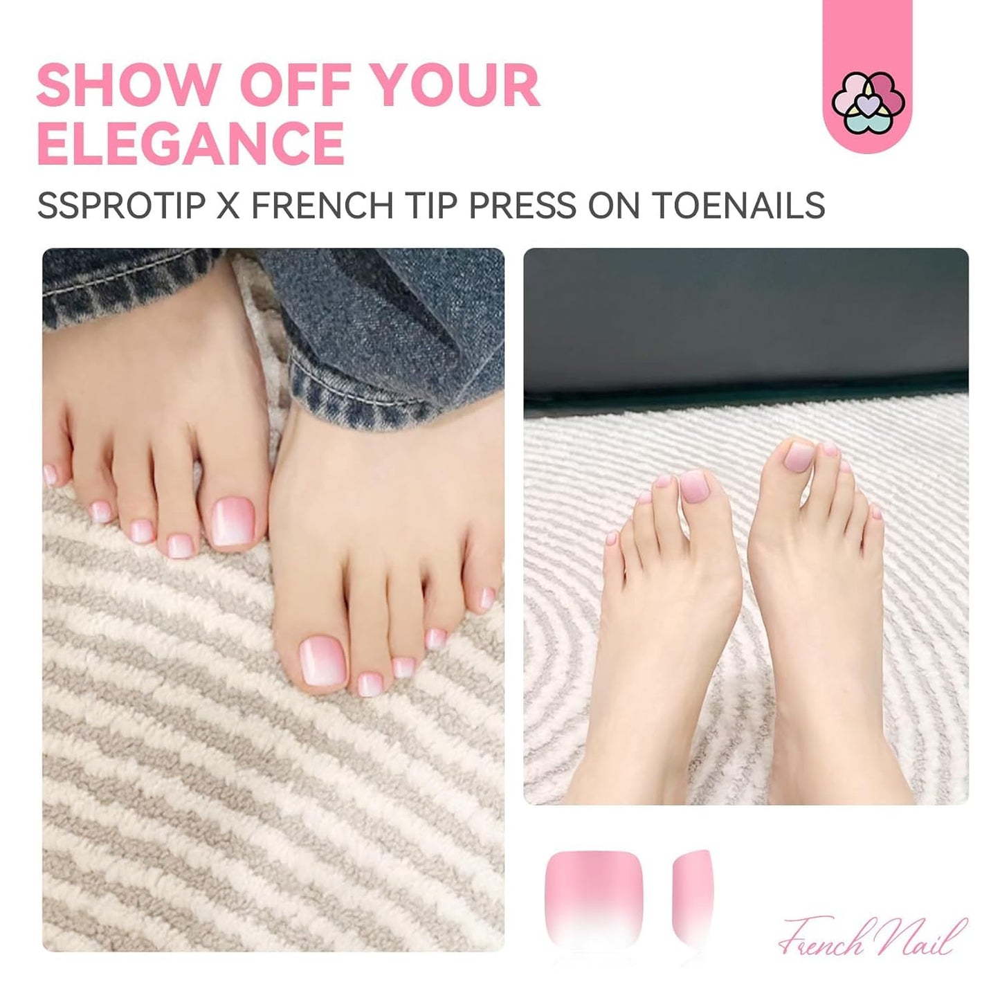 SAVILAND French Press On Toenails: 216Pcs Press On Toenails for Women Short Square Round Squoval Shape White Soft Gel False Toenail Extension Full Cover Soak Off Fake Toe Nail DIY x 18 Sizes