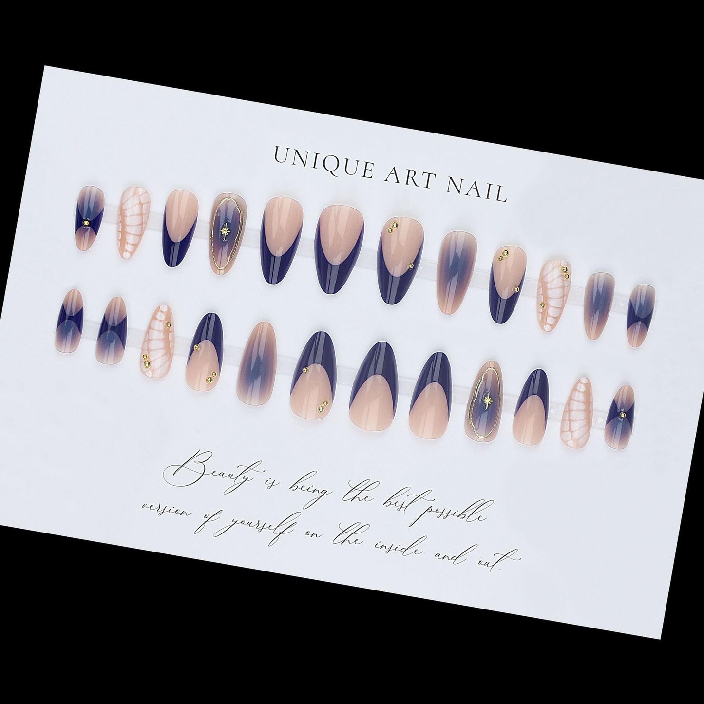3D Press on Nails Medium Almond Bohemian Design, Navy-Nude Ombre Fake Nails Gold Studs Glossy for Women Kit, Reusable Soft Gel Stick on False Nails with Gold Stars French Designs Perfectly Fit