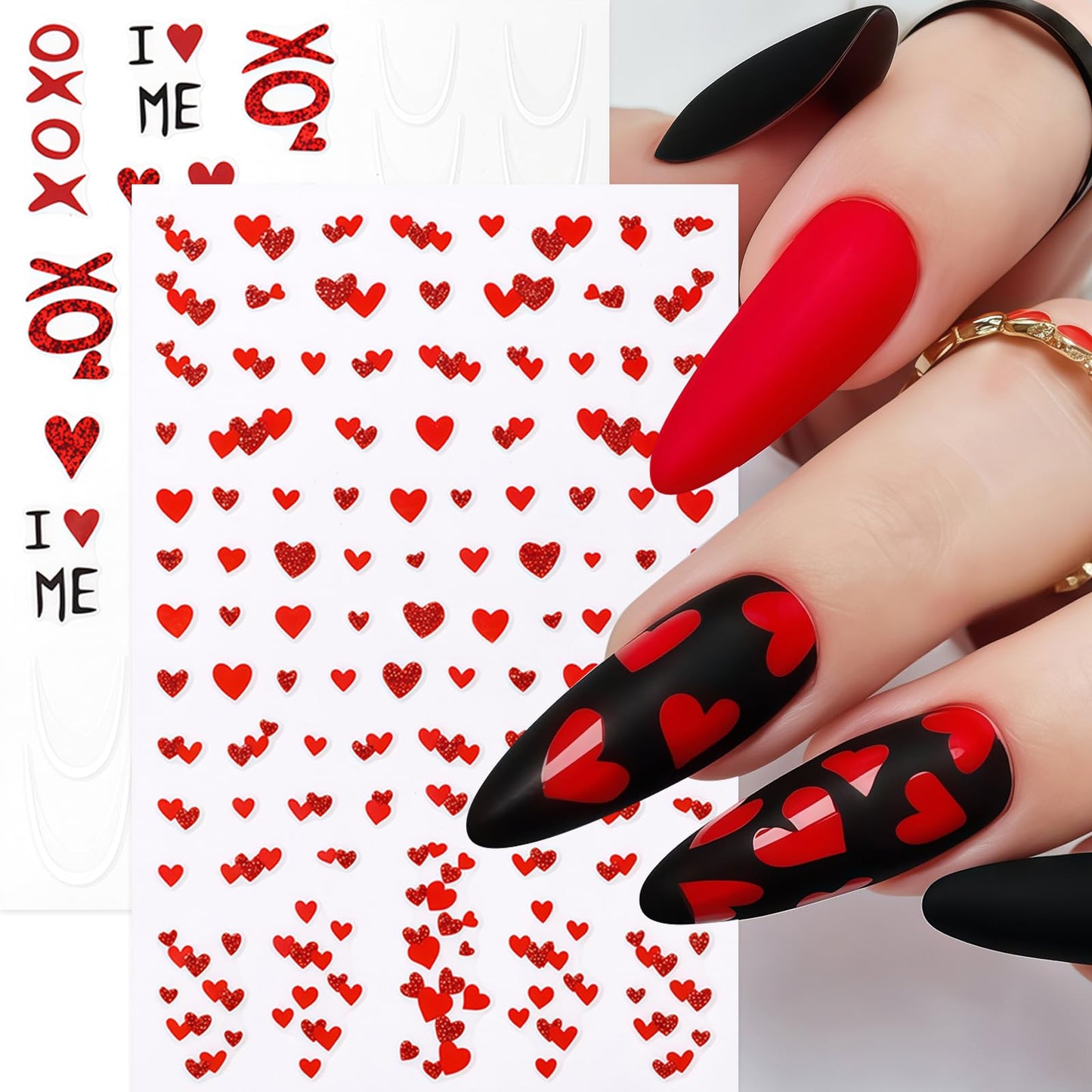 8Pcs Heart Nail Stickers Glitter Shiny Love Nail Decals 3D Self Adhesive Pearl Bow Cherry Nail Art Stickers Valentines Day Red Ombre Gold Hearts Designs Pink Heart French Line Nail Supplies for Women