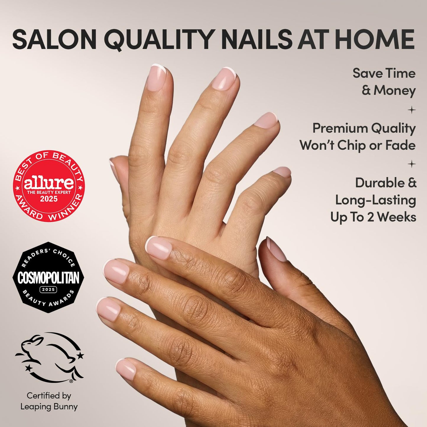 Glamnetic Press On Nails - French Peach | Super Short Round Fake Nails with Pastel Peach French Tips and Glossy Finish, Salon Quality | 15 Sizes - 30 Nail Kit with Glue