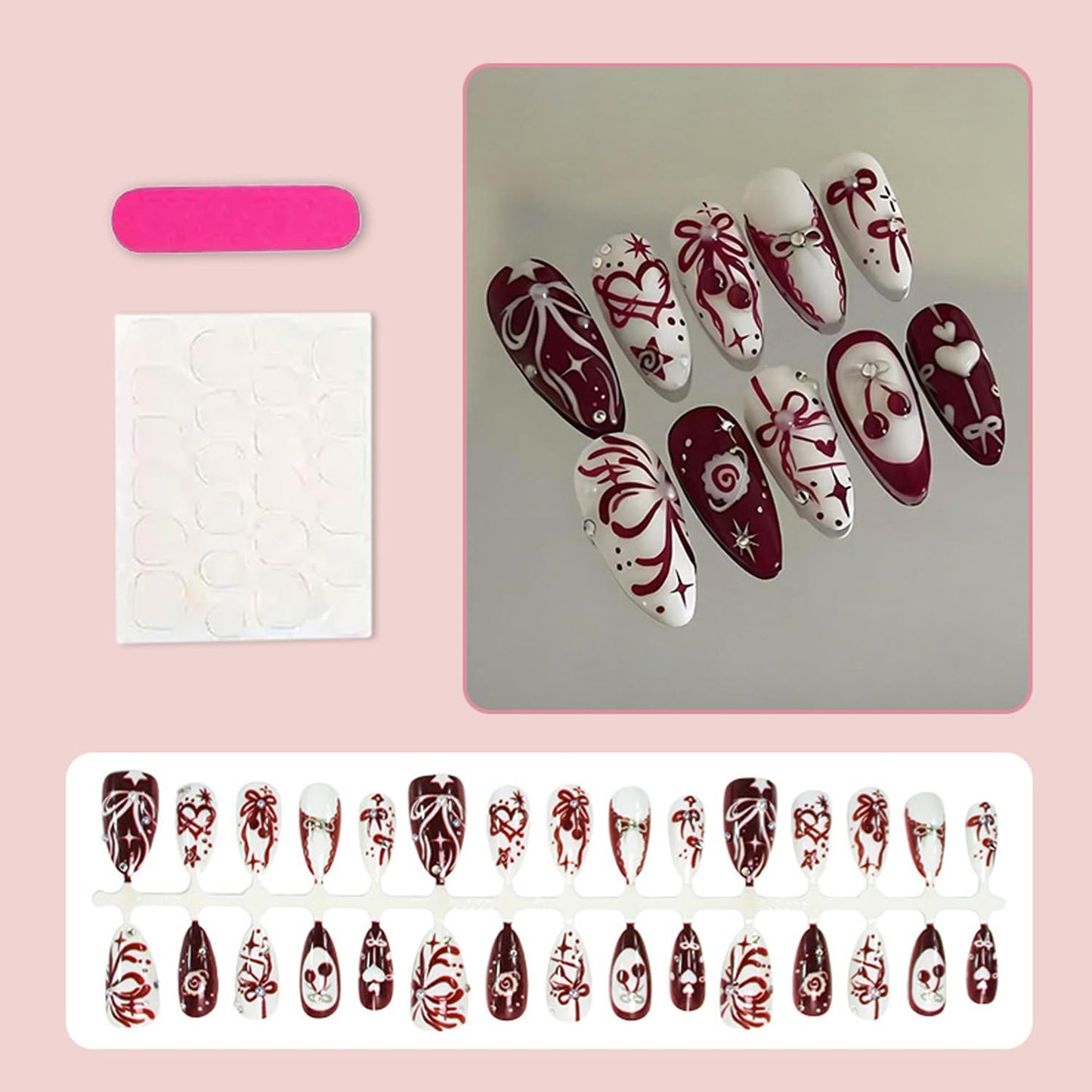 30Pcs Mid-length French Tip Press on Nails Fake Nails Cherry Red And Bow Designs French Nails Cute Stick on Nail Heart Press On Pearl Nail Handmade False Nail Artificial Glue on for Women Manicure