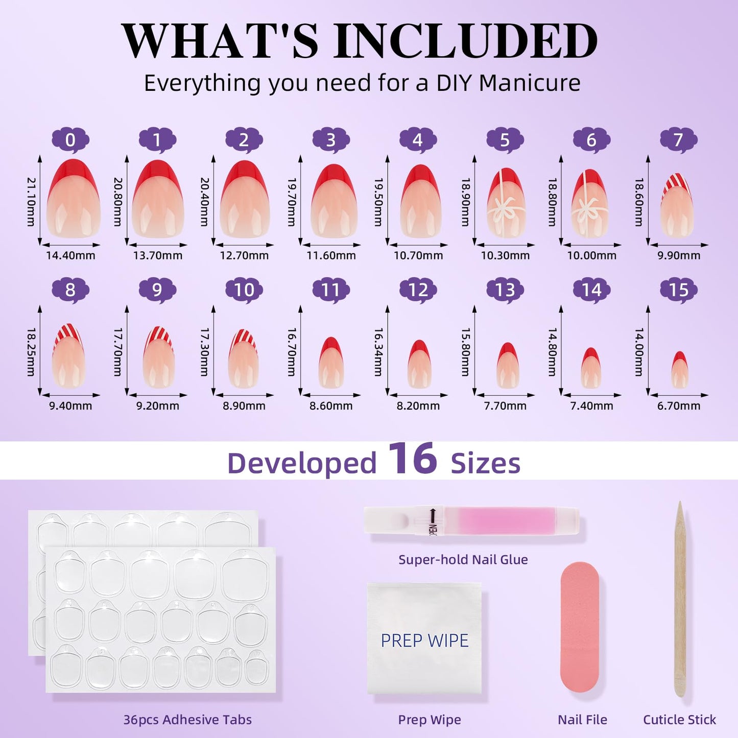 Red French Tip Design Press On Nails, Short Almond Fake Nails with White Line Accent, Reusable Stick On Nails with Glue for Women, 32pcs in 16 Sizes | Salon Quality