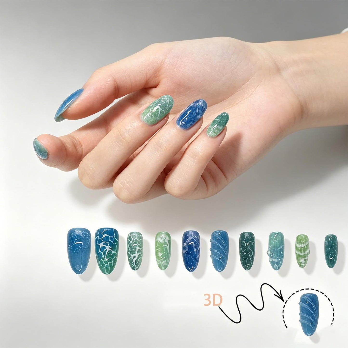 Ocean Press on Nails Medium Almond, 3D Sea Themed False Nails, Glossy Blue Green Ombre Fake Nail Sea Wave Glue on Nail, Seashell Stick on Reusable Acrylic Fingernails for Women Summer Daily Wear