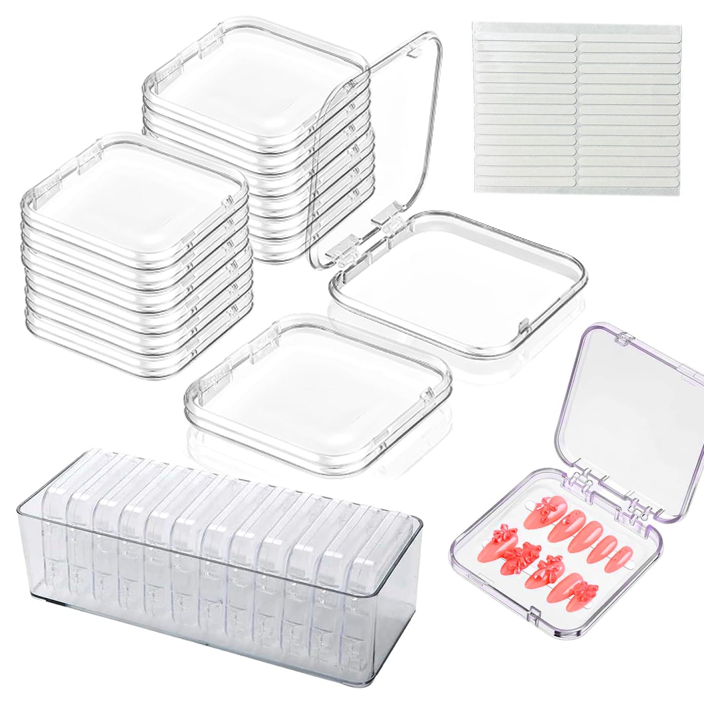 12Pcs Press on Nail Packaging Boxes, False Nail Container Organizer Clear Nail Display Case with 1 All-In-One Acrylic Storage Box and 30pcs Double-sided Adhesive Tape for Nail Art Salon Home Use