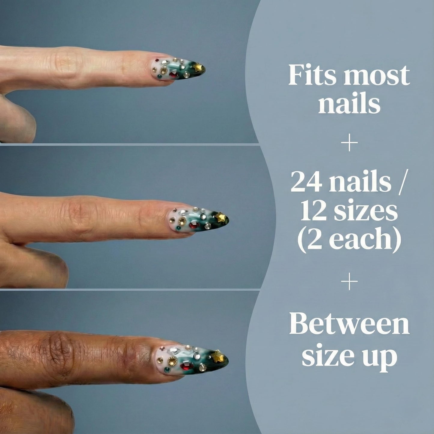 Ombre Blue Press on Nails, Medium Almond, French Tip, Acrylic Nail Kit for Women, Cute, Y2K & Luxury Style, Decorative 3D Gems, Salon Quality, 24 pcs Nailinism