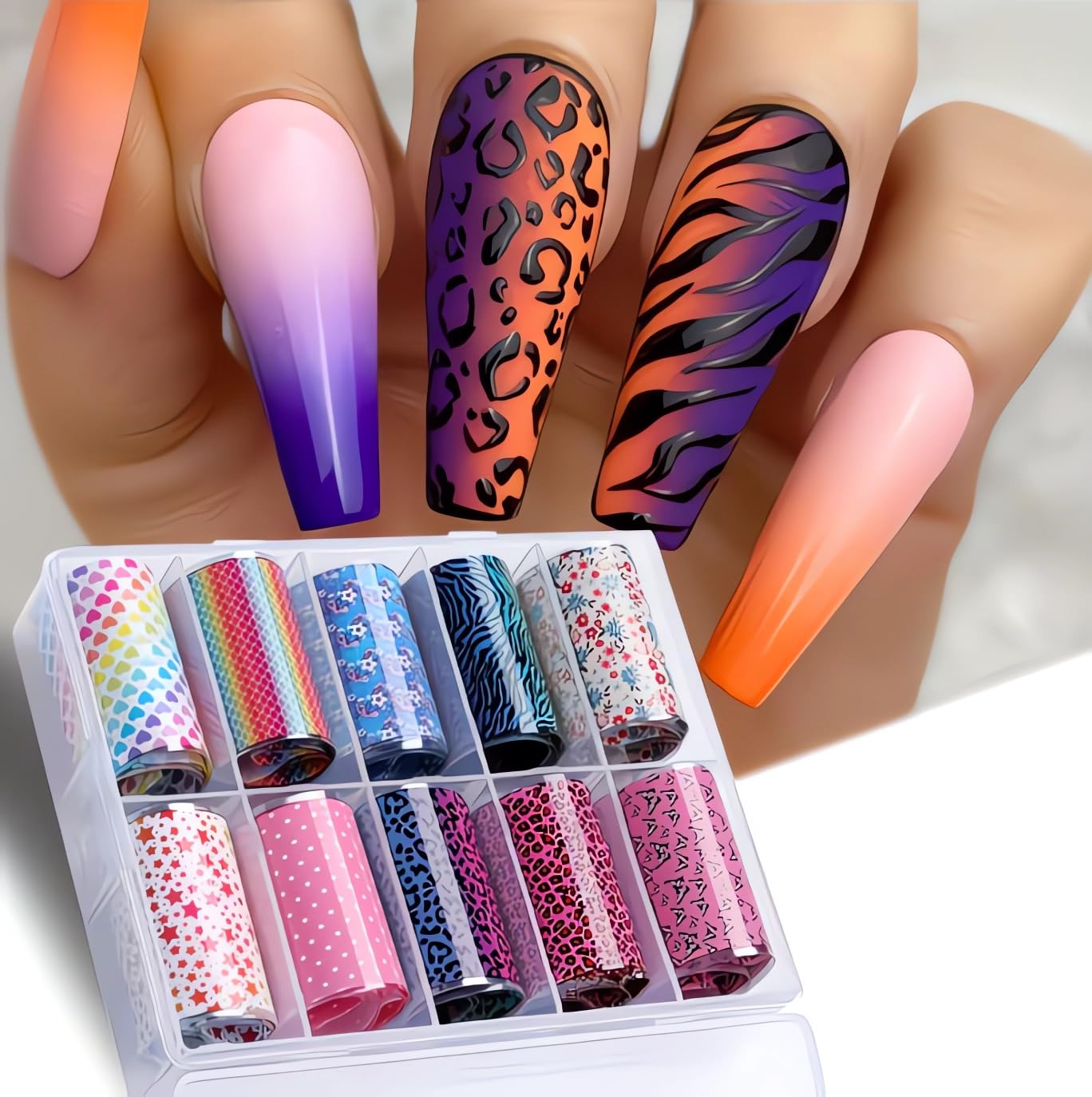 Candy Rainbow Nail Foils Transfer Nail Art Flower Nail Stickers Spring Summer Foil Nail Art Supplies 10 Rolls Leopard Print Star Heart Nails Foil Transfer Stickers Starry Sky Paper Manicure for Women