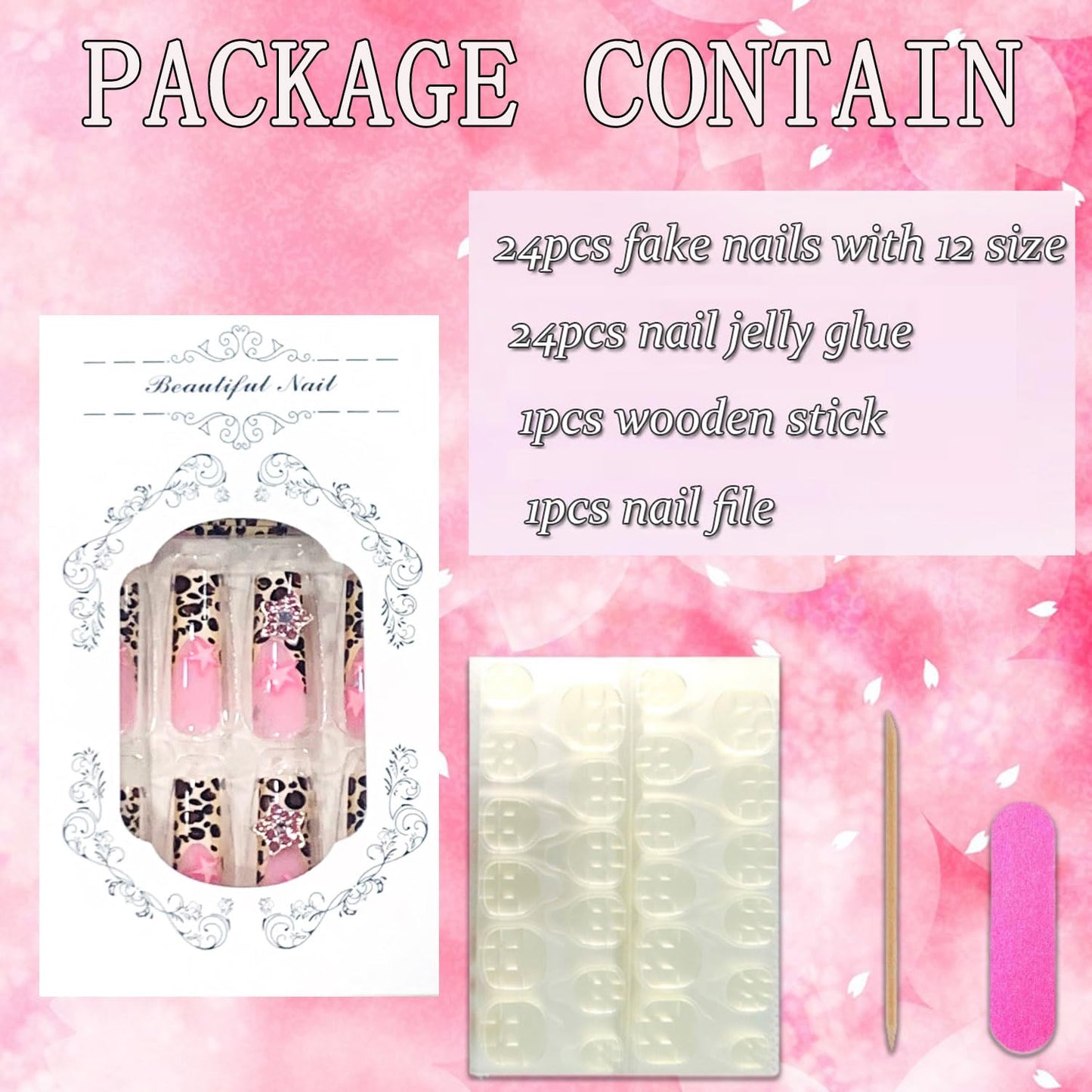 FIEONCIY Press on Nails Long Coffin Shaped Acrylic Glossy Full Cover Long Square French False Nails with Designs Artificial Extra Long Fake Nails with Charms Glue ons Fingernails for Women(XL10256)