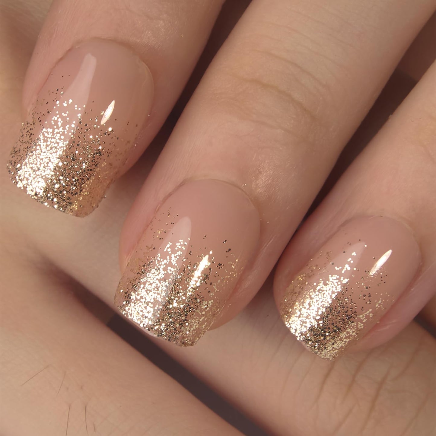 Curvlife Press on Nails Acrylic Fake Nails with 30pcs Fluid Gold Short Square Design Full Cover False Nails for Women Reusable Nail Kit with Nail Glue Adhesive Tabs