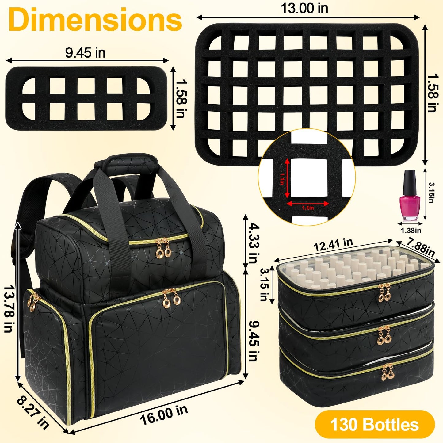 Veirdro Nail Polish Organizer Backpack Holds 130 Bottles (15ml/0.5fl.oz)& Nail Lamp, Extra Large Nail Kit Storage Bag with 3 Removable Carrying Cases, Nail Tech Supplies Organizer Case for Women Black