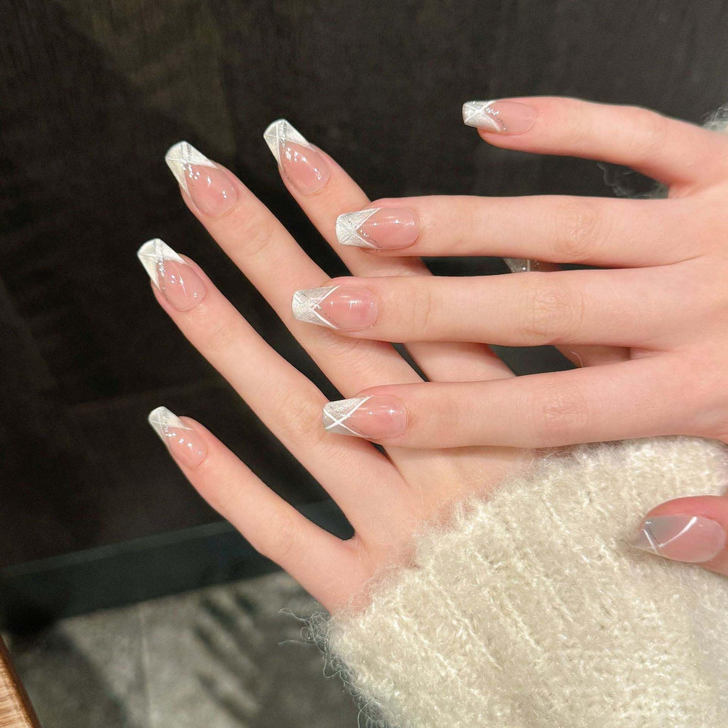10Pcs Short Coffin Handmade Press On Nails | Nude Pink Ombre with Silver Glitter & Crisscross French Decor | Easy to Apply, Remove & Reusable, Salon-Quality (RR02, M)