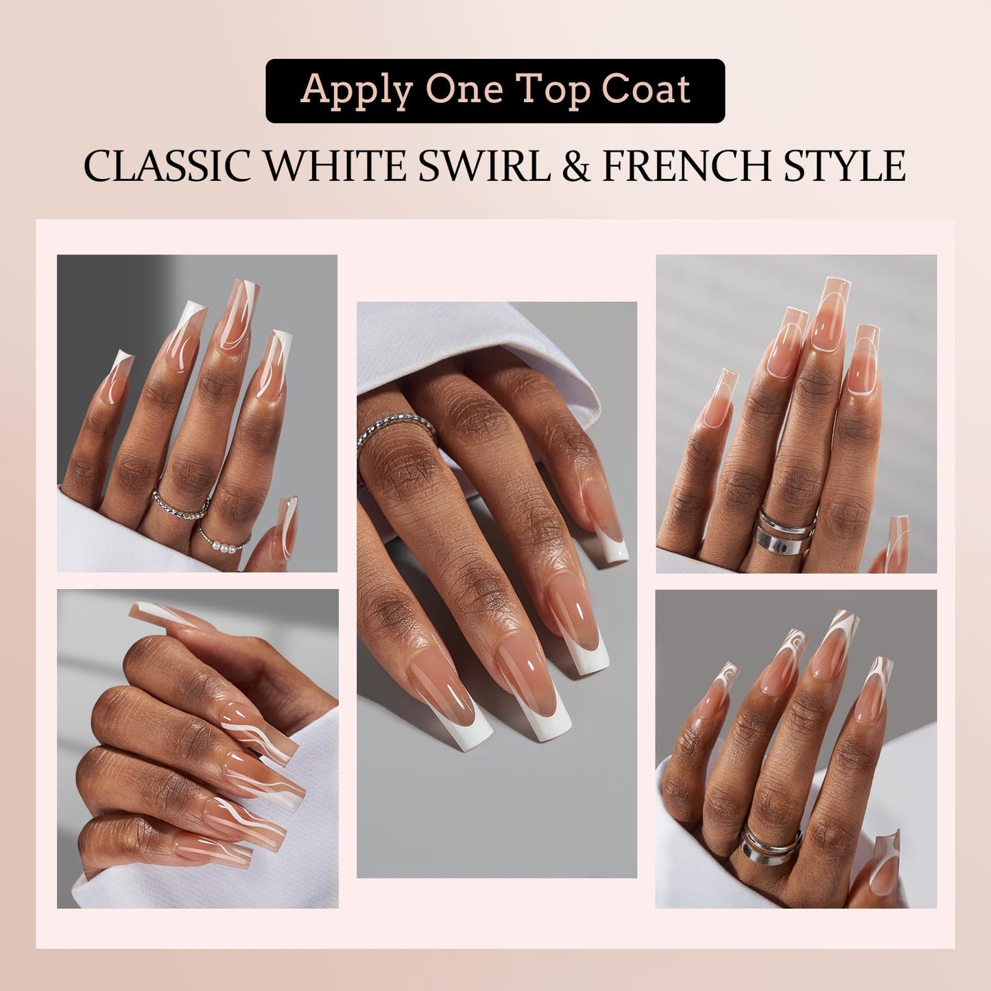 BTArtbox French Tip Press on Nails - 5 Styles XCOATTIPS Short Coffin Nails, Pre-Designed Swirl Soft Gel Nail Tips, Ultra Fit False Nails, Soak Off Acrylic Fake Nails Extensions for Nail Art