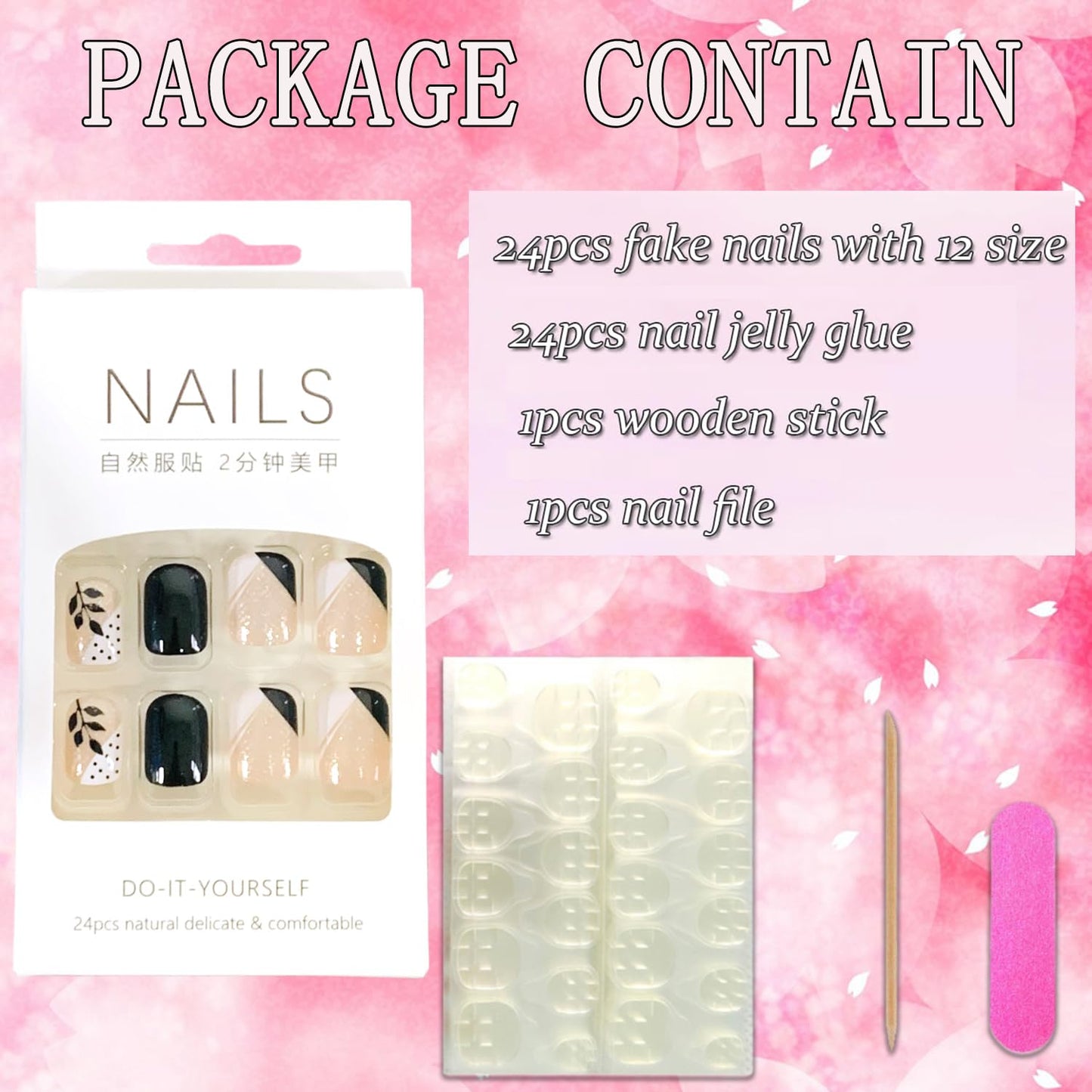 Vezocim Leaf Press on Nails Square Shapes, 24Pcs Black Short Artificial Fake Nails with Leaf Designs, Full Cover Glossy Coffin Acrylic False Nails, Stick on Fingernails for Women Girls(W1103)