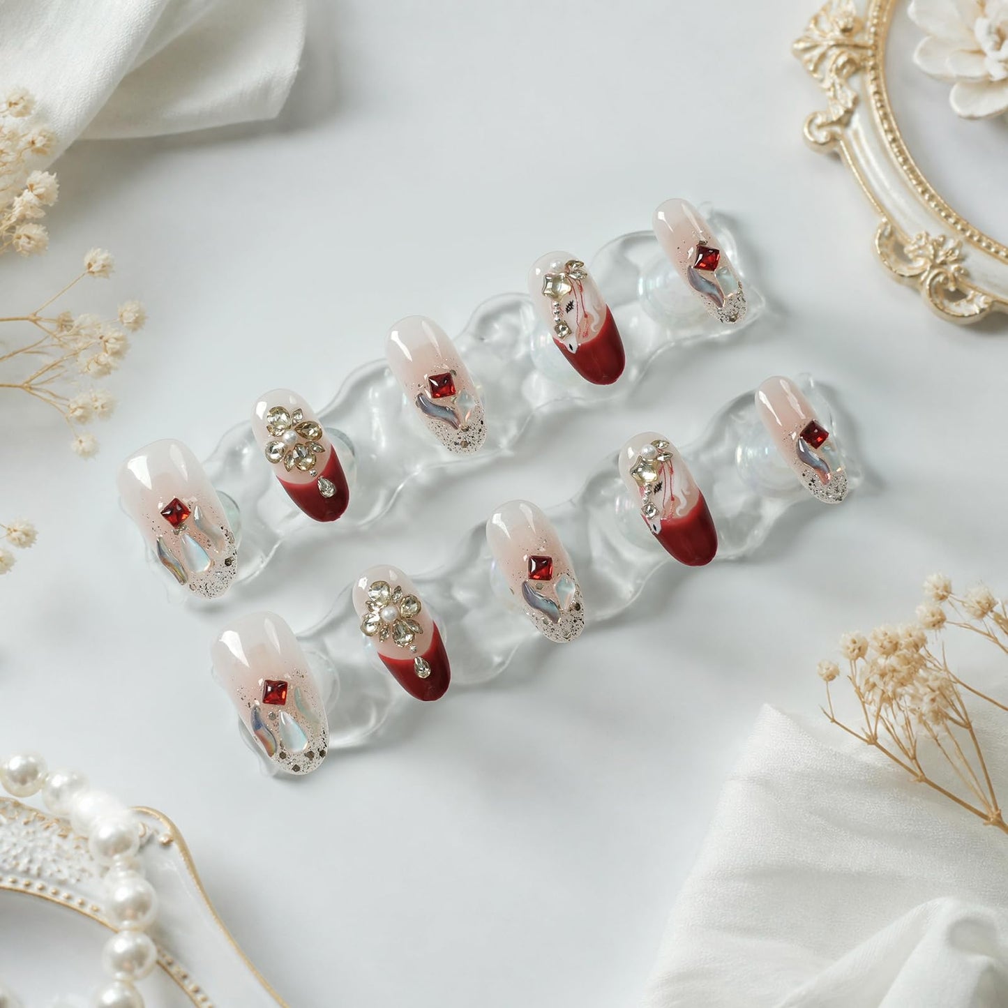 Tesytto Handmade Press on Nails Medium Almond, Luxury 3D Rhinestone Crystal Flower & Red Gem, Nude Burgundy Ombre Glitter Fake Nails with Pearl Aurora Shell Design (Crimson Crystal Butterfly Glow,S)