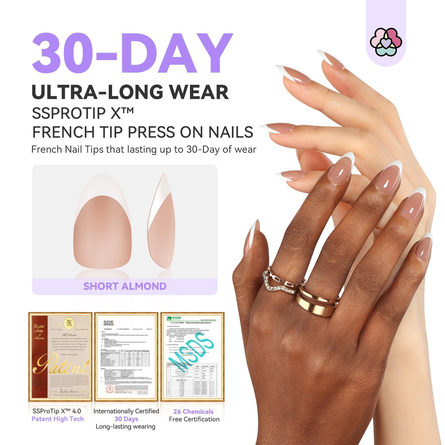 SAVILAND Natural French Tip Nails: Thicker Press on Nails Short Almond Chip-Free & Strong French Tip Press On Nails 15 Sizes Fake Nails Quick Nail Art Home Use SSProTip X