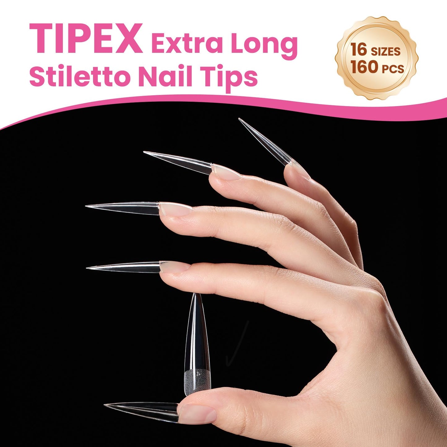 Beetles Tipex Lite Instant Apex Nail Tips, XL Long Stiletto, 16 Sizes | 00–14, 160PCS, Built-in Apex Acrylic Tips for Flat & Natural Nail Beds, Beginner-Friendly Easy DIY Nail Extensions