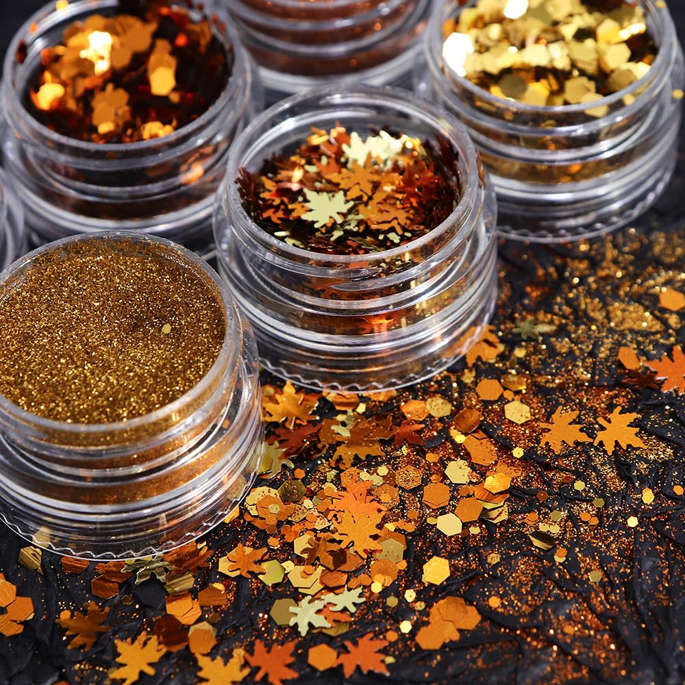 6 Box Maple Leaf Nail Art Glitter Fall Nail Sequins Flakes with Golden Leaves Design Manicure Fine Glitter Powder Autumn Nails Stickers Decals Supplies Nails Charms for Women Girls Decoration