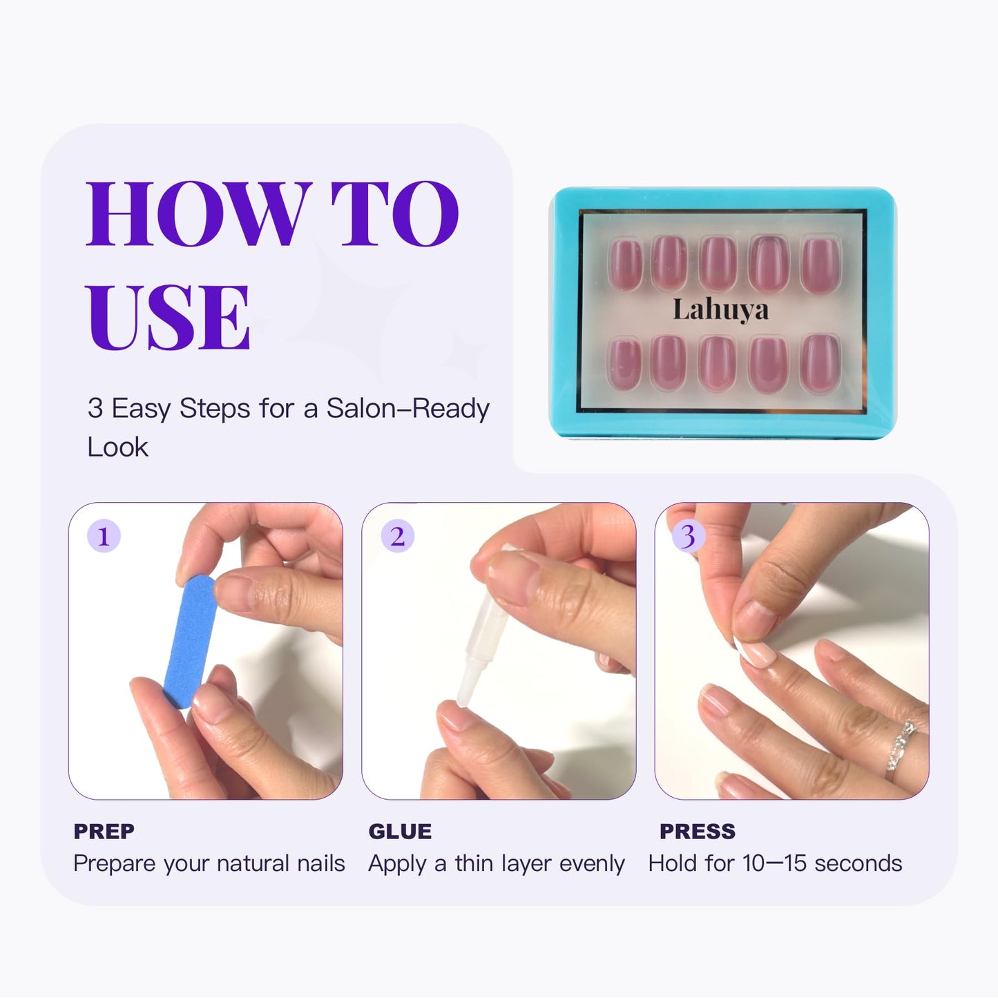 LAHUYA Press On Nails – Cozy Girl | Nail Artist Designed Short Squoval Fake Nails with Soft Mauve Pink Glossy Finish, Reusable Press On Nails in 15 Sizes – 30 Nails Kit with Glue