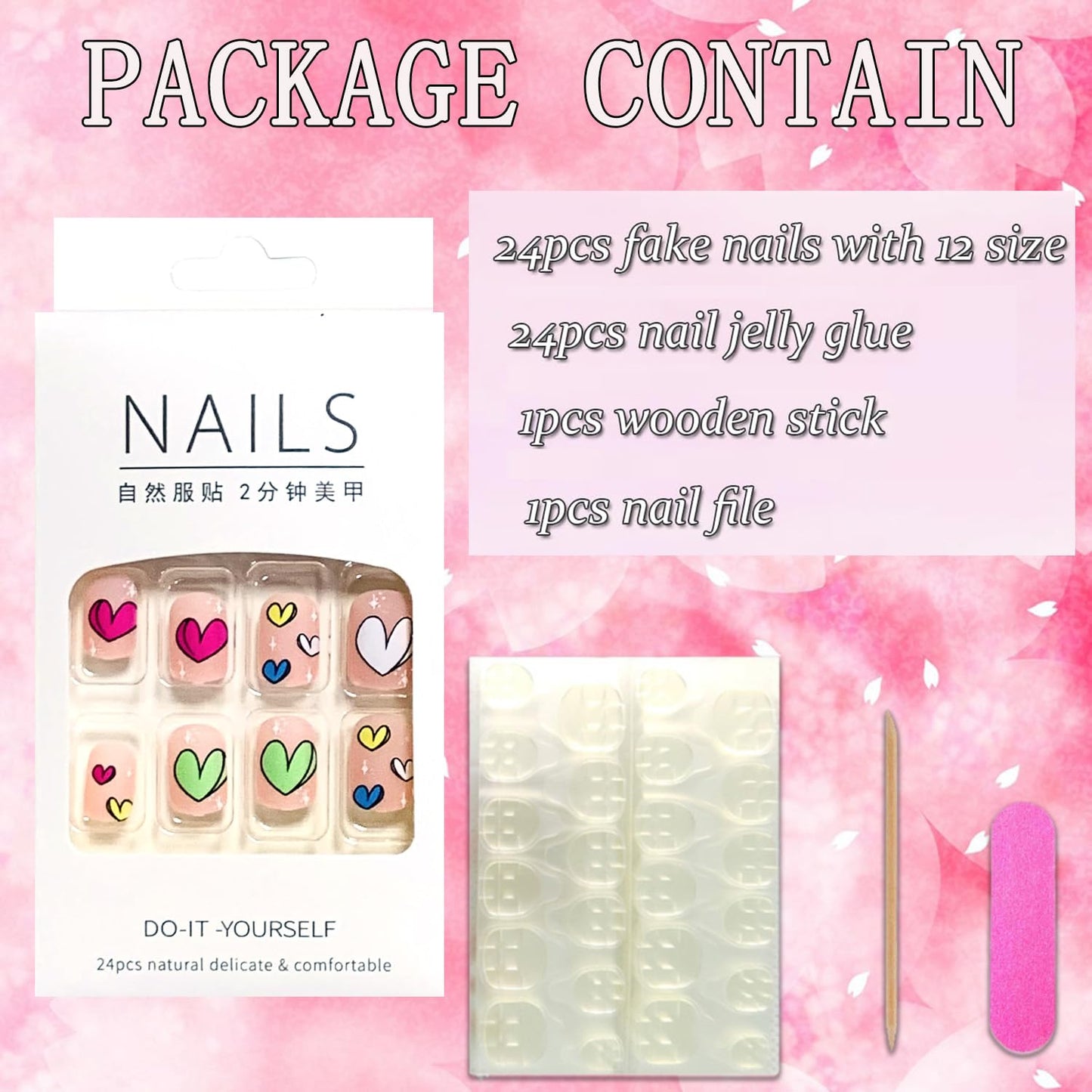 FIEONCIY Press on Nails Short Square Shaped Glossy Full Cover Acrylic Extra Short Square False Nails with Love Heart Designs Artificial Fake Nails Glue Stick ons Fingernails for Women Girls(A304)