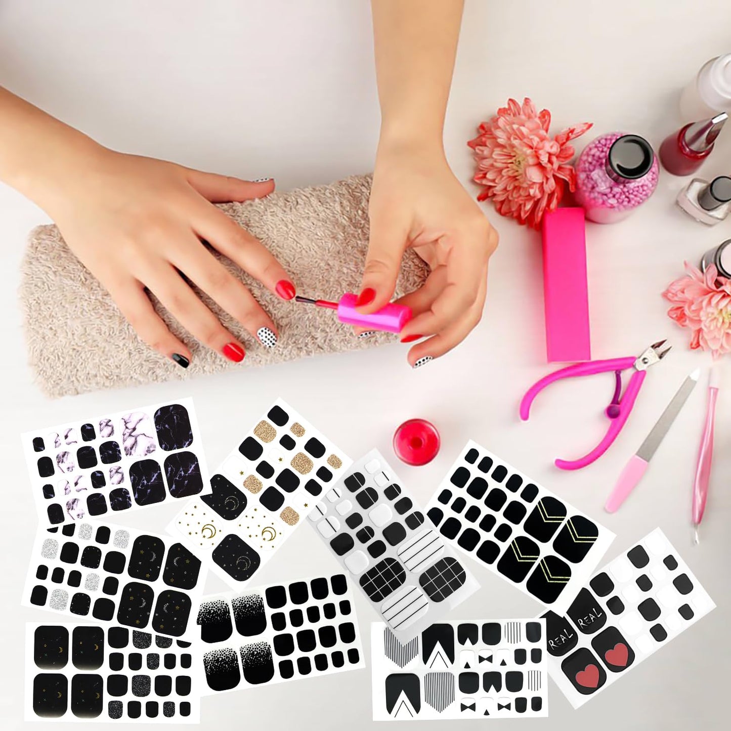 DANNEASY 20 Sheets Toe Nail Stickers Full Nail Wraps - Black, Toenails Polish Strips Self Adhesive Toenail Polish Stickers Gel Strips Manicure Sticker Nails for Women with File, Cuticle Stick
