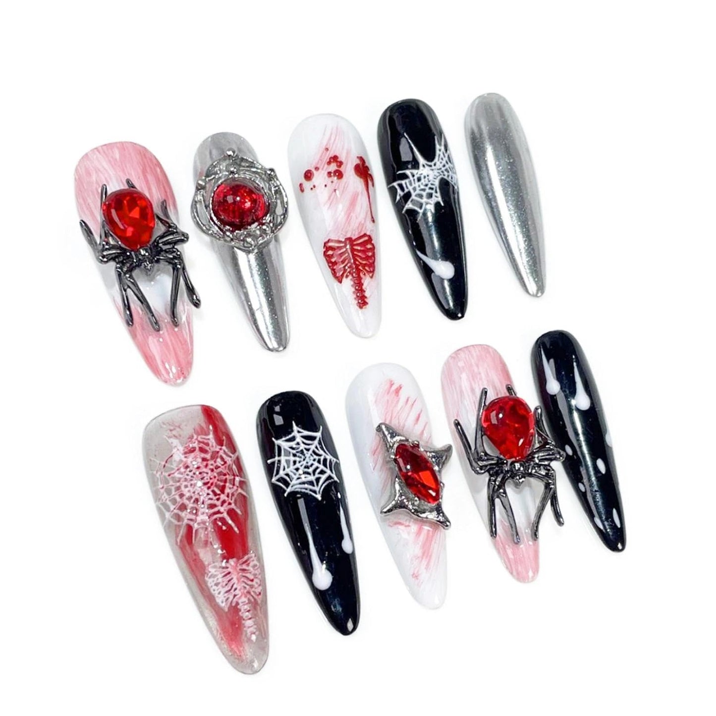 Handmade 3D Gothic Spider Web Red Rhinestone Stiletto Press On Nails, Dark Halloween Artisan Nails Set, Reusable Glossy Press-ons with Tool Kit(S)