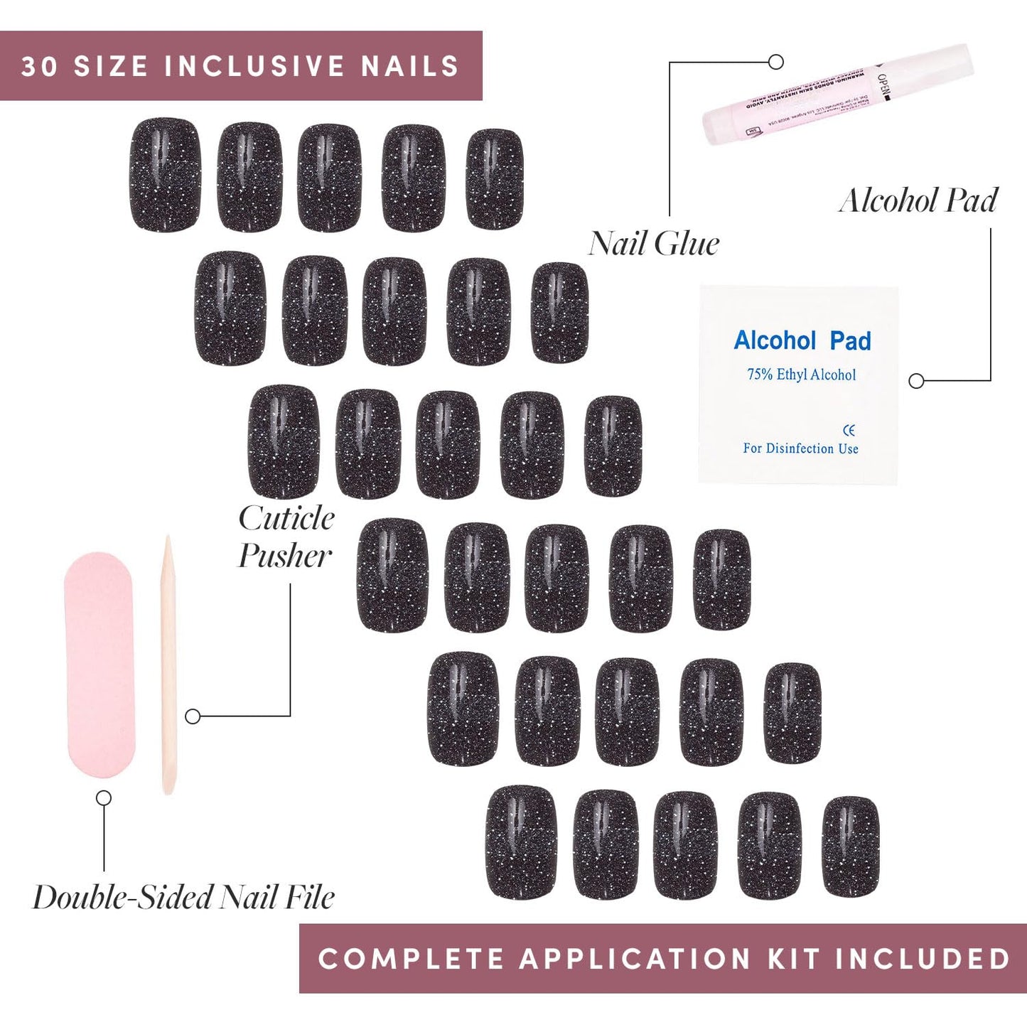 Glamnetic Press On Nails - Cosmic | Semi-Transparent Sparkly Black Short Squoval Fake Nails with a Glossy Finish, Salon Quality | 15 Sizes - 30 Nail Kit with Glue