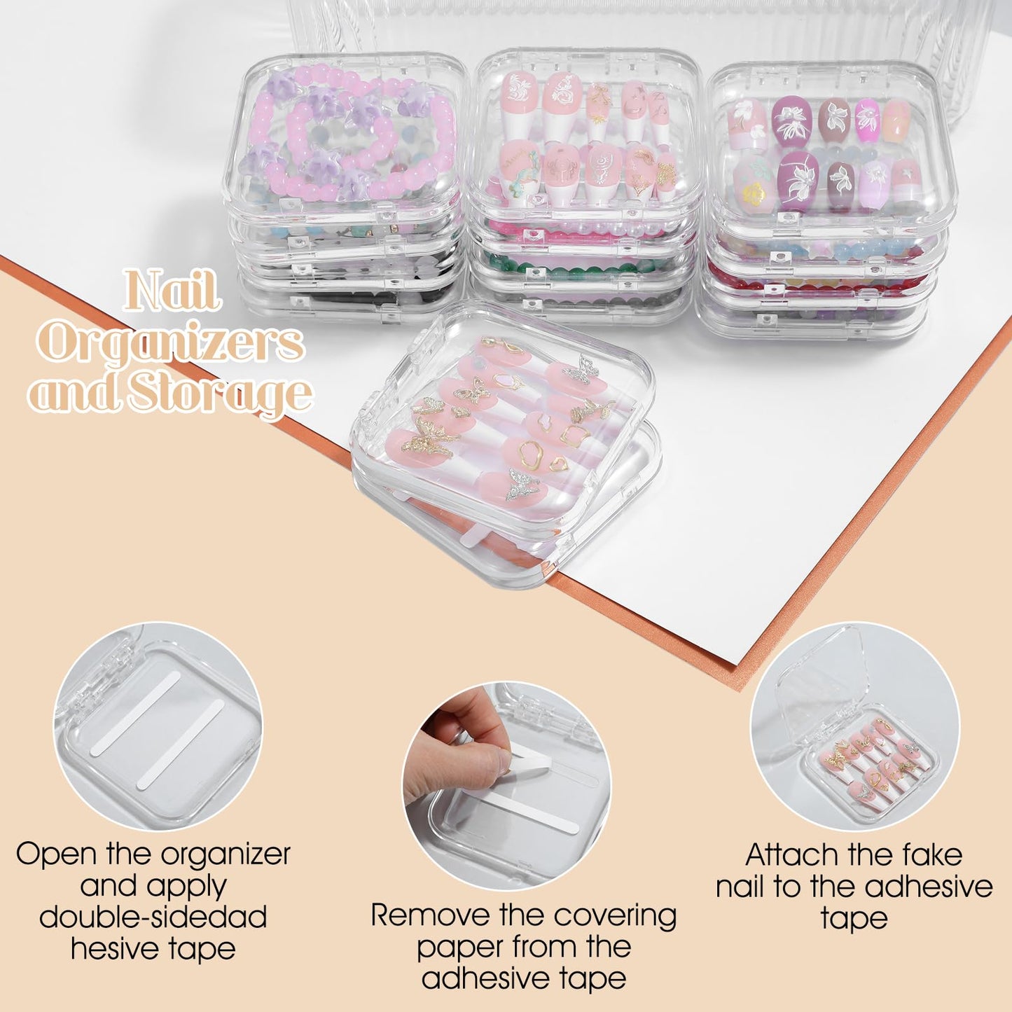 Press On Nail Orgnizer 14 PCS Clear Press On Nail Storage Boxes and 1 Big Storage box with 60 Pcs Adhesive Double Sided Tape, On Packaging for Fake Display Salon