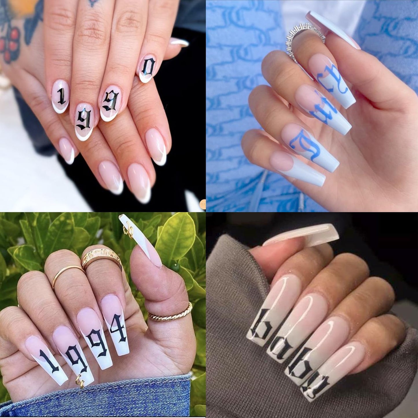 8 Sheets Old English Nail Sticker 3D Self-Adhesive Pegatinas Uñas Old Alphabet Nail Decals Gold Silver Black White Number Font Letters Metallic Holographic Alphabet Design Nail Art Supplies for Women