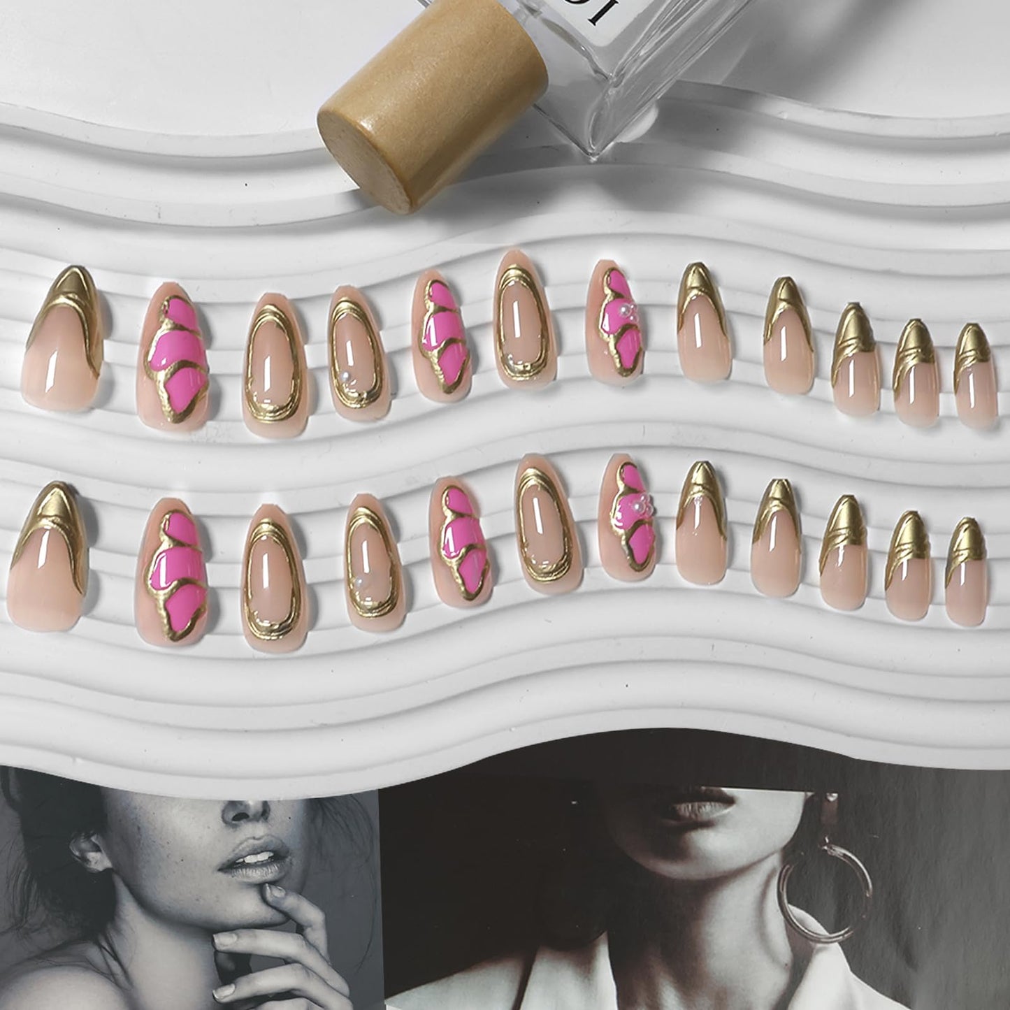 VOTACOS Gold French Tip Press on Nails Almond Medium 3D Butterfly Acrylic Fake Nails Press Ons with Designs Pearl Gold Line Glue on Nail for Women 24PCS Nude Reusable Artificial Stick on False Nail
