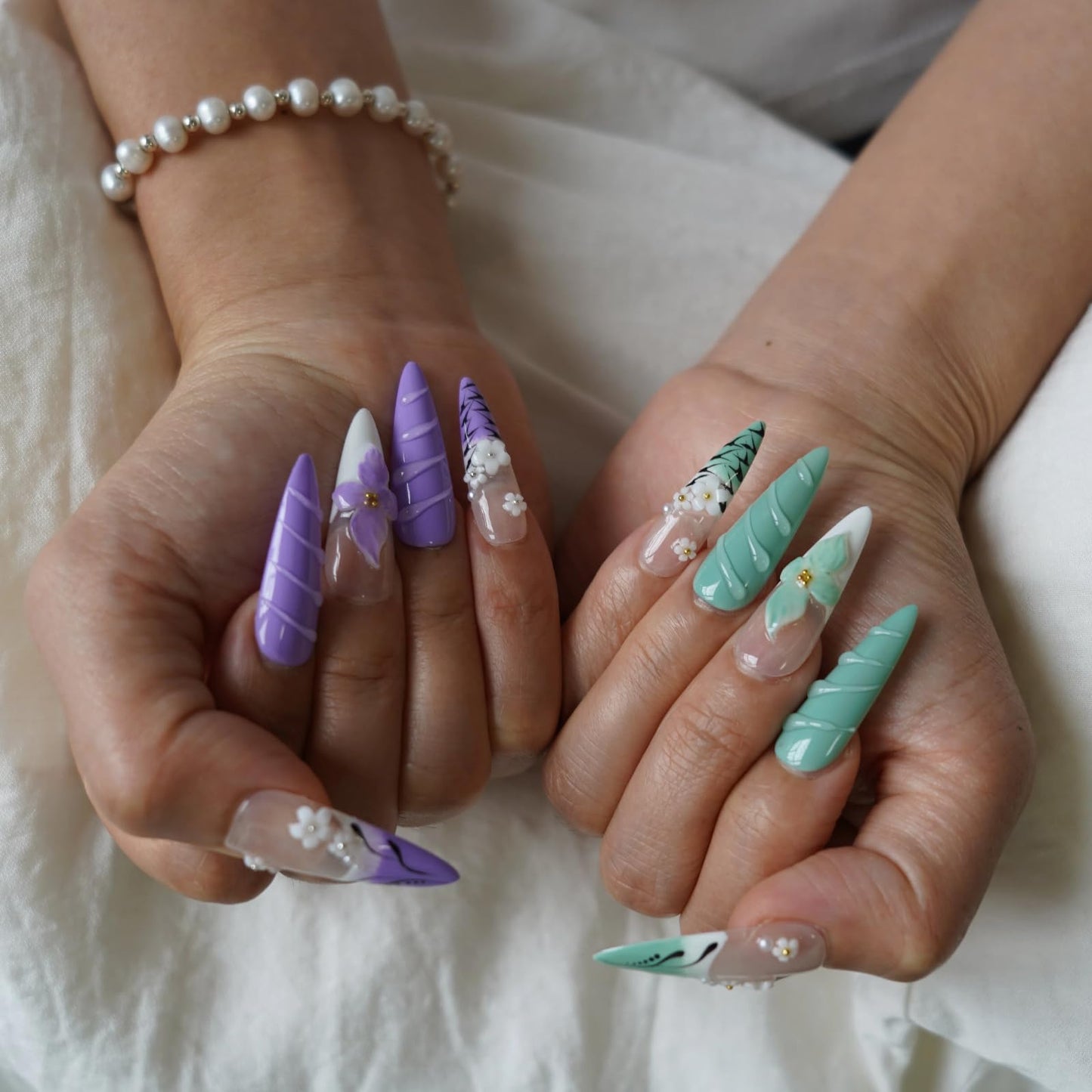 Tesytto Purple & Green Press on Nails Long Stiletto - Handmade Floral Leopard French Tip, Luxury 3D Flower Design, Spring Vacation Salon Finish Stick on Nails (Flower Fairy,S)